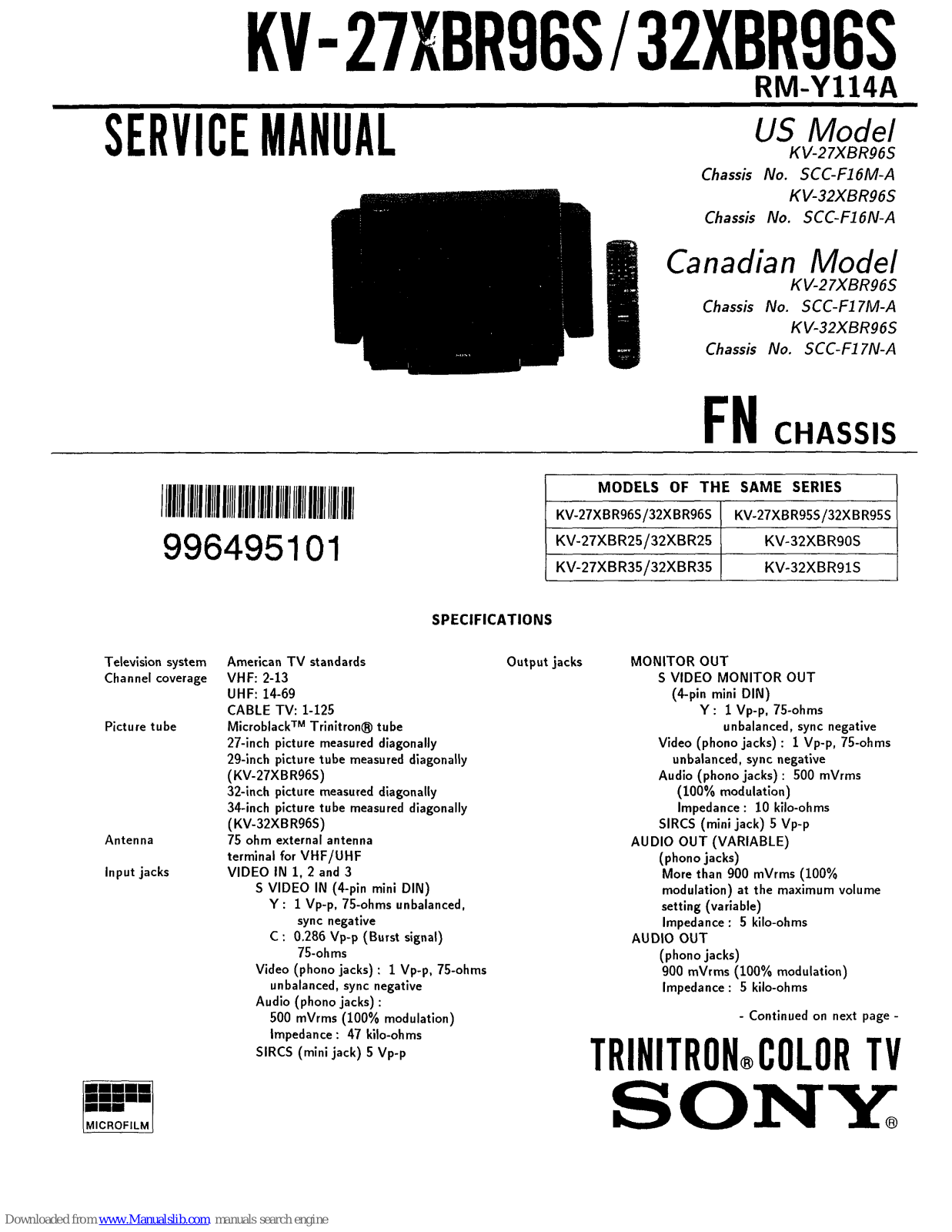 Sony Trinitron KV-27XBR96S, Trinitron KV-32XBR96S Service Manual