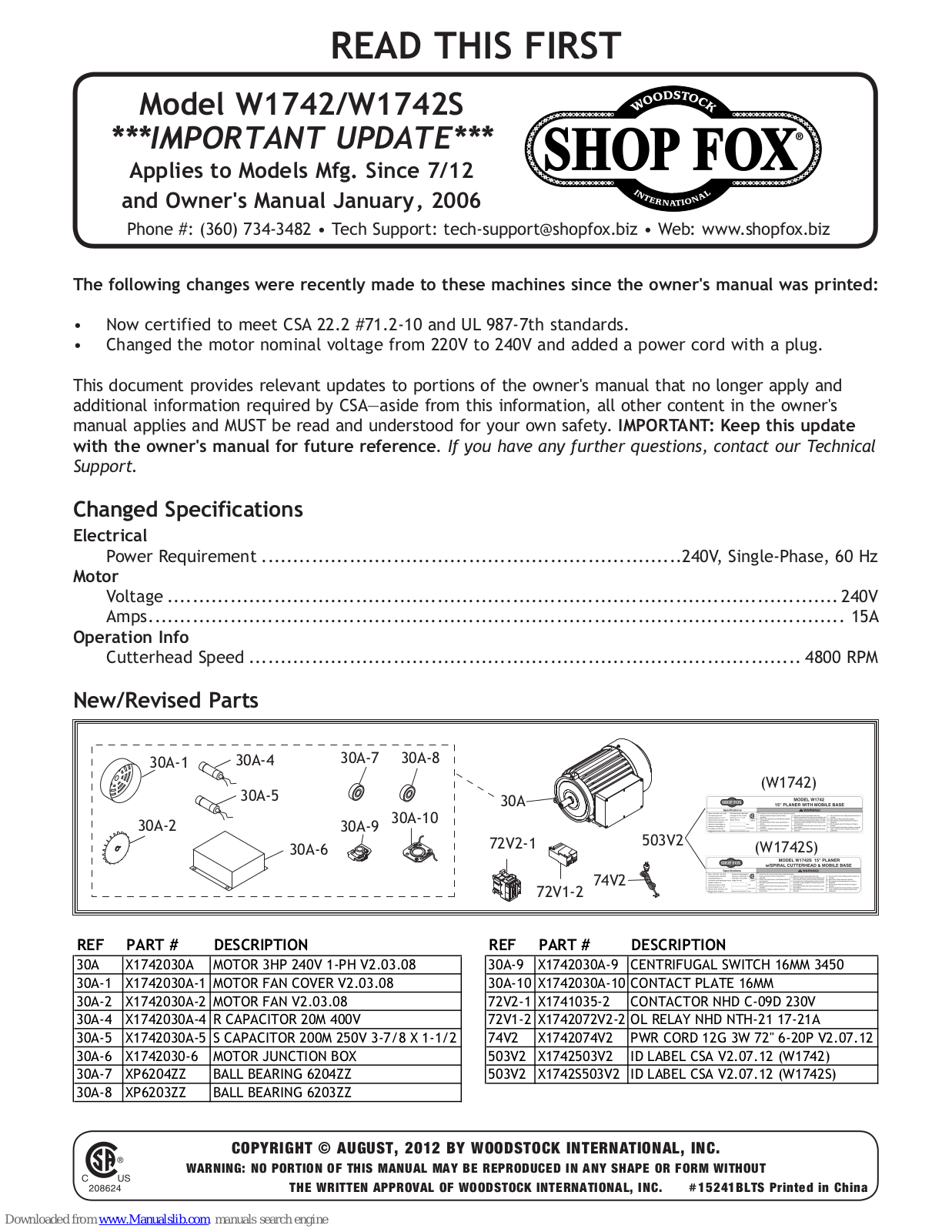 Shop fox W1742,W1742S Owner's Manual