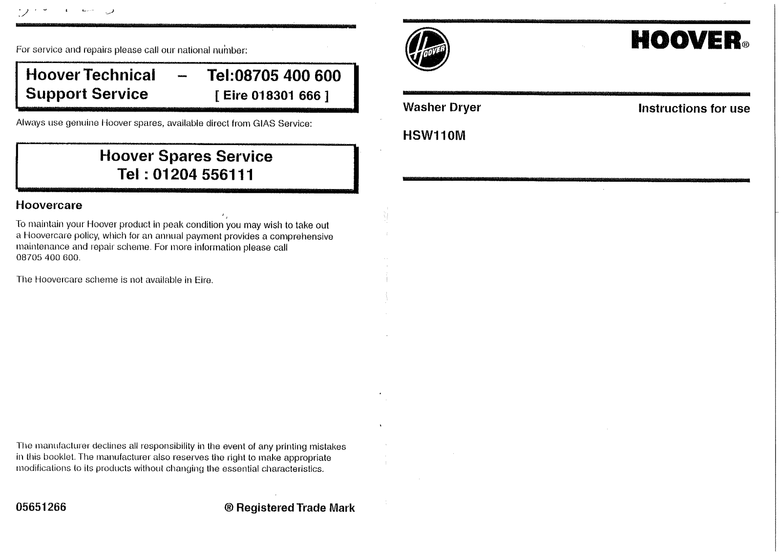 Hoover HSW110M User Manual