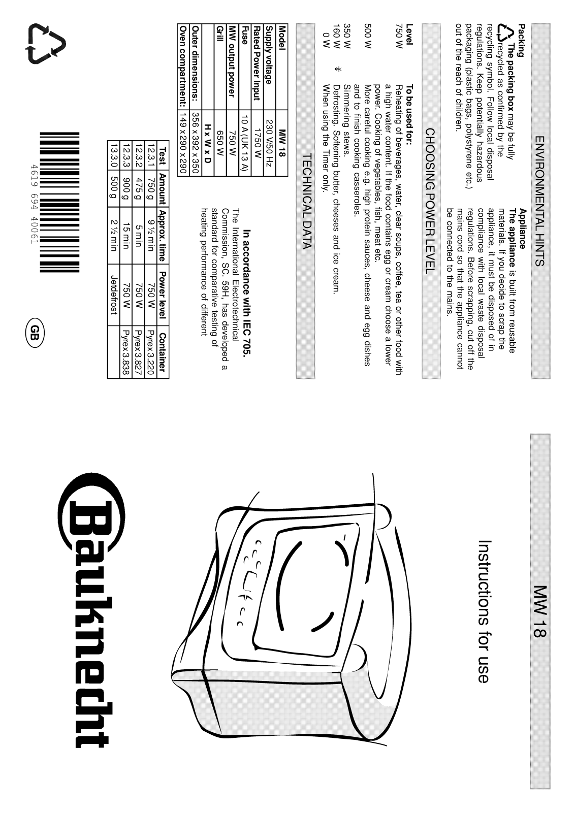 Whirlpool MW 18/AW/2 INSTRUCTION FOR USE