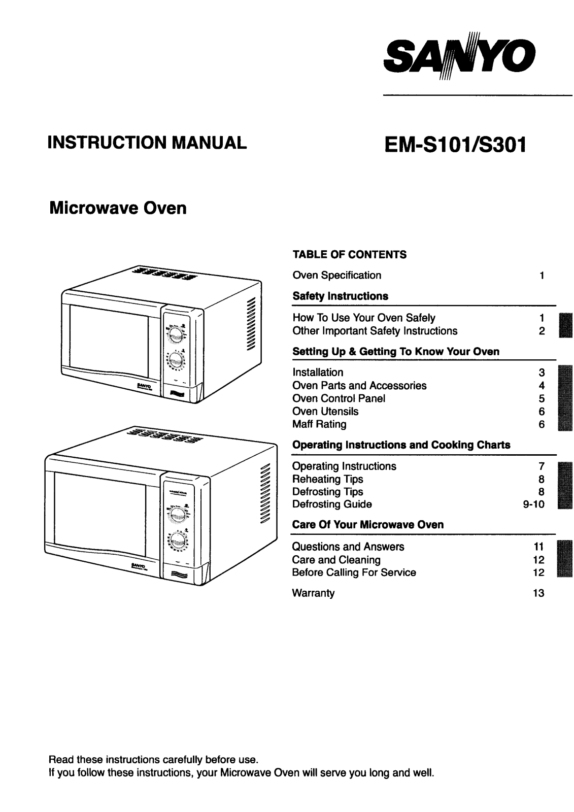 Sanyo EM-S301, EM-S101 Instruction Manual