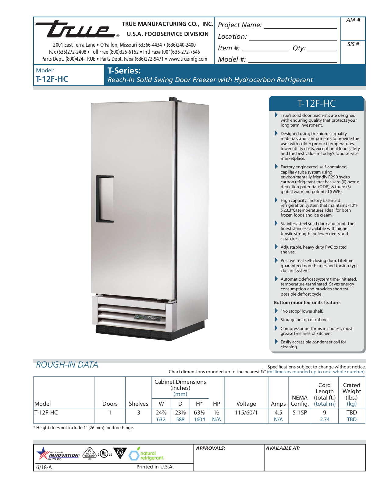 True Residential T12FHC Specs