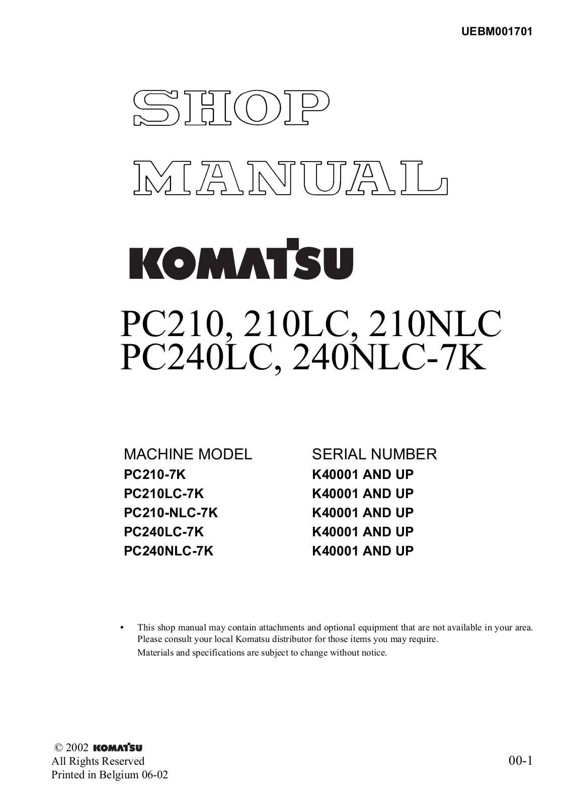 Komatsu PC210, 210LC, 210NLC, PC240LC, 240NLC-7K Service Manual