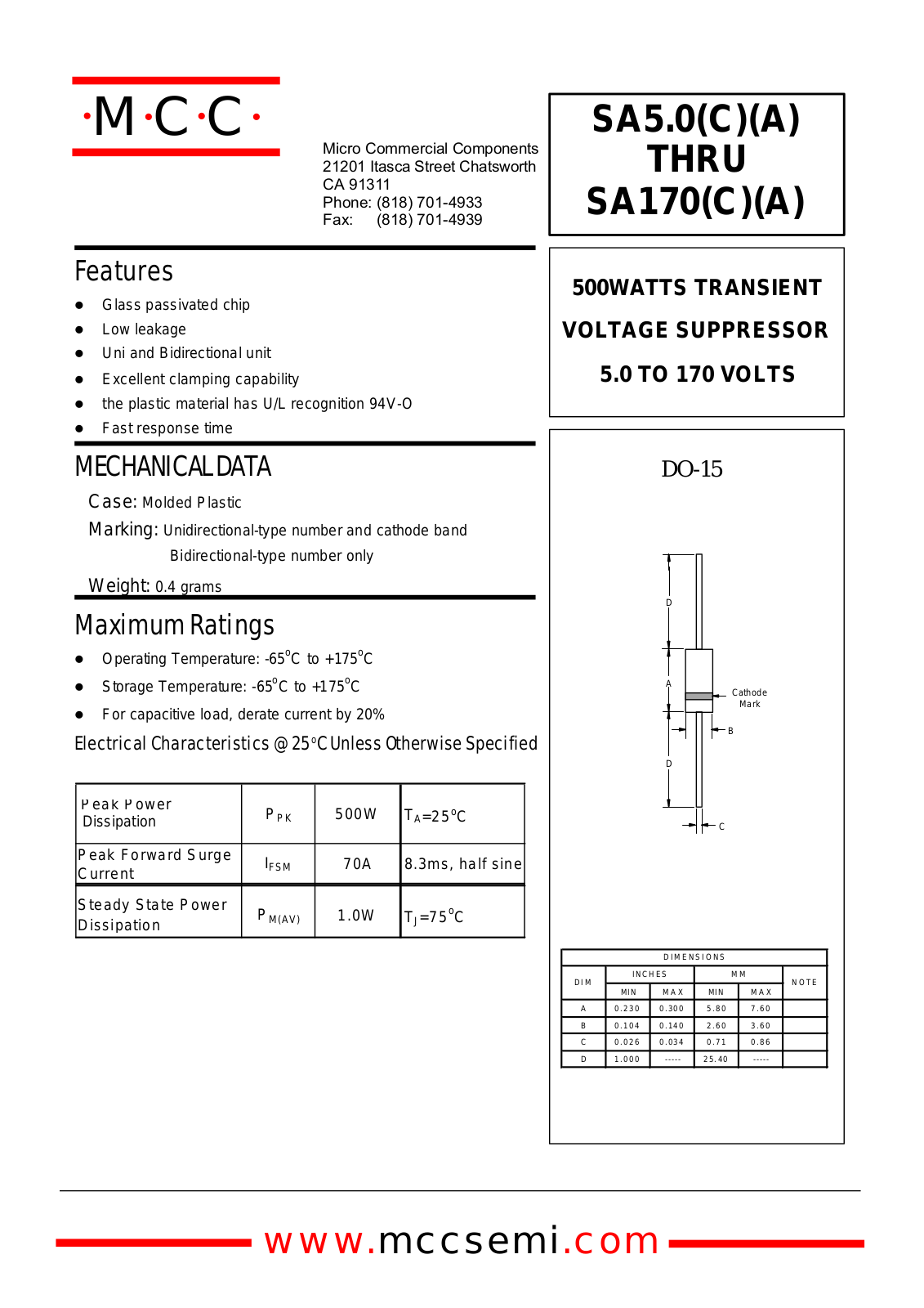 MCC SA10, SA100C, SA100A, SA100CA, SA11 Datasheet