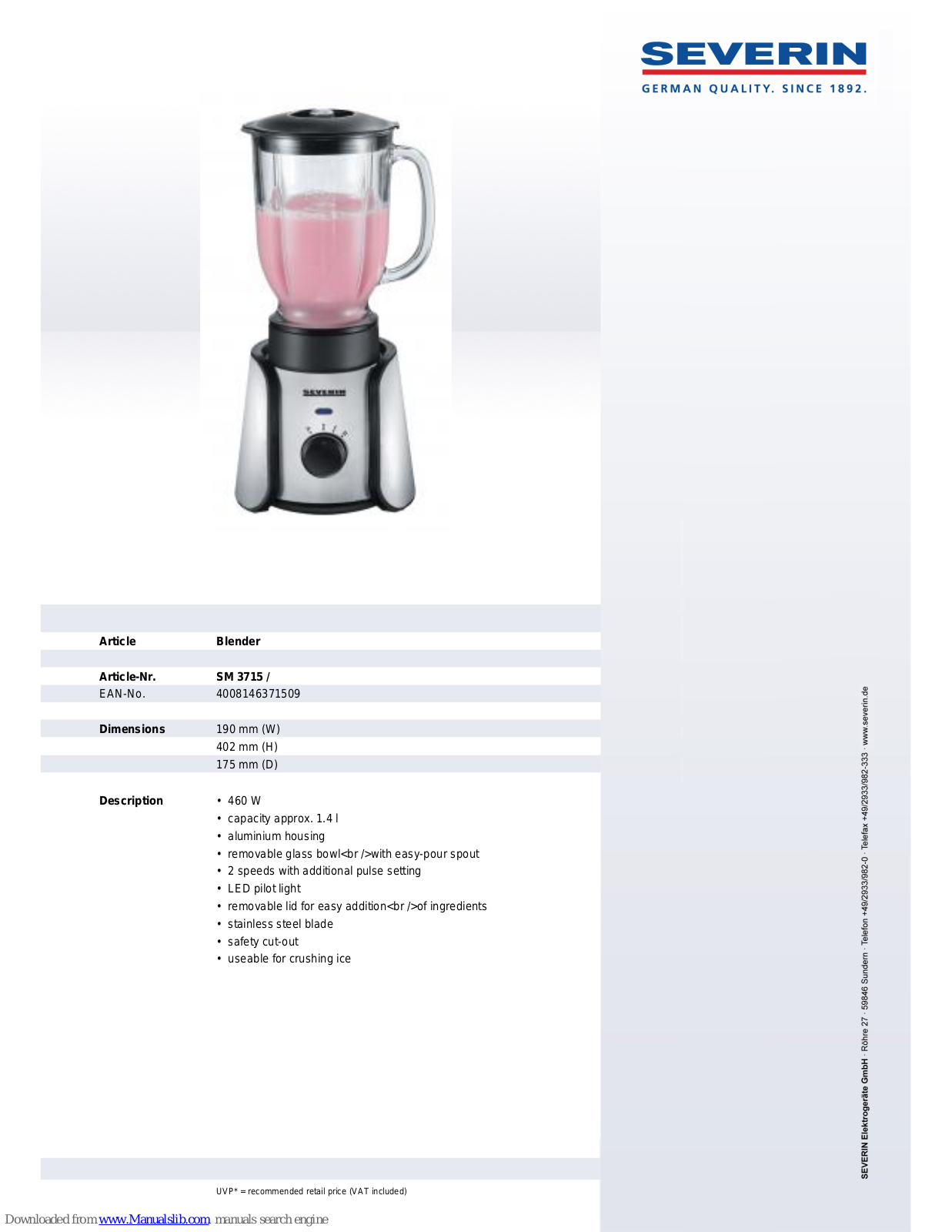 SEVERIN BLENDER - DATASHEET 2, SM 3715 Dimensions