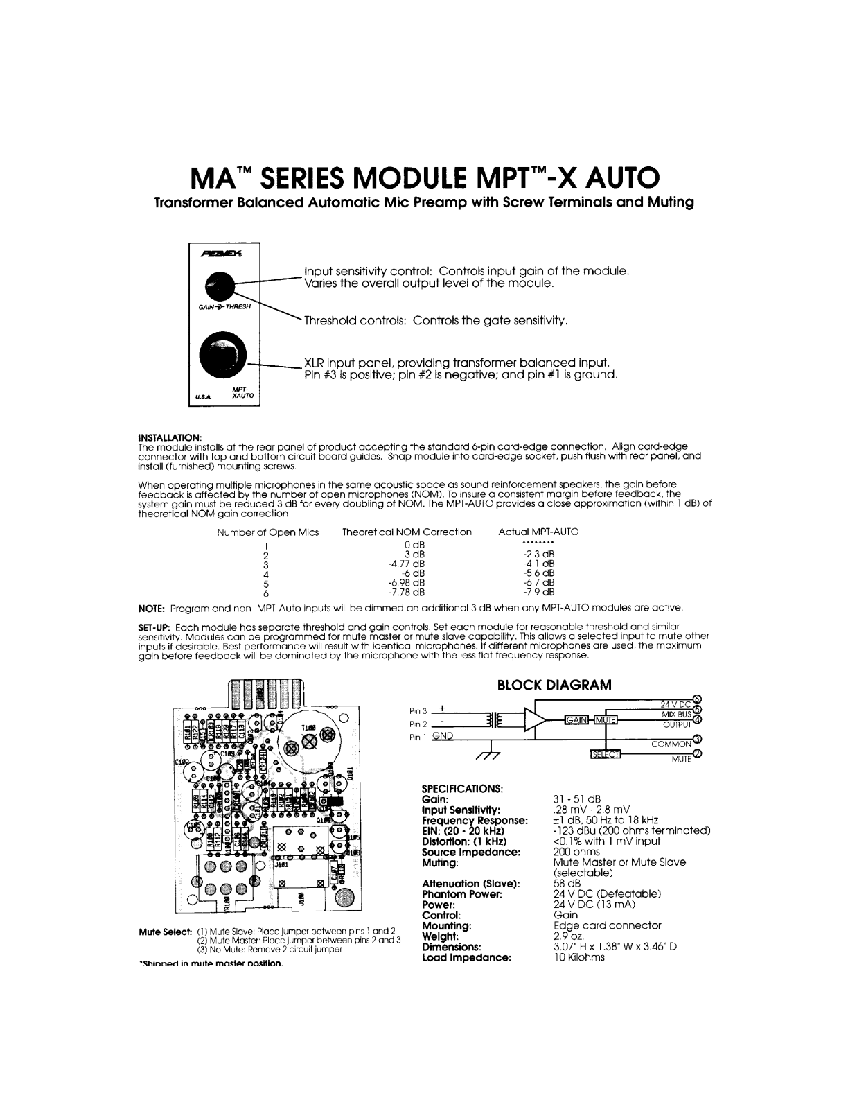 Peavey MA Series MODULE MPT-X auto INSTALLATION GUIDE