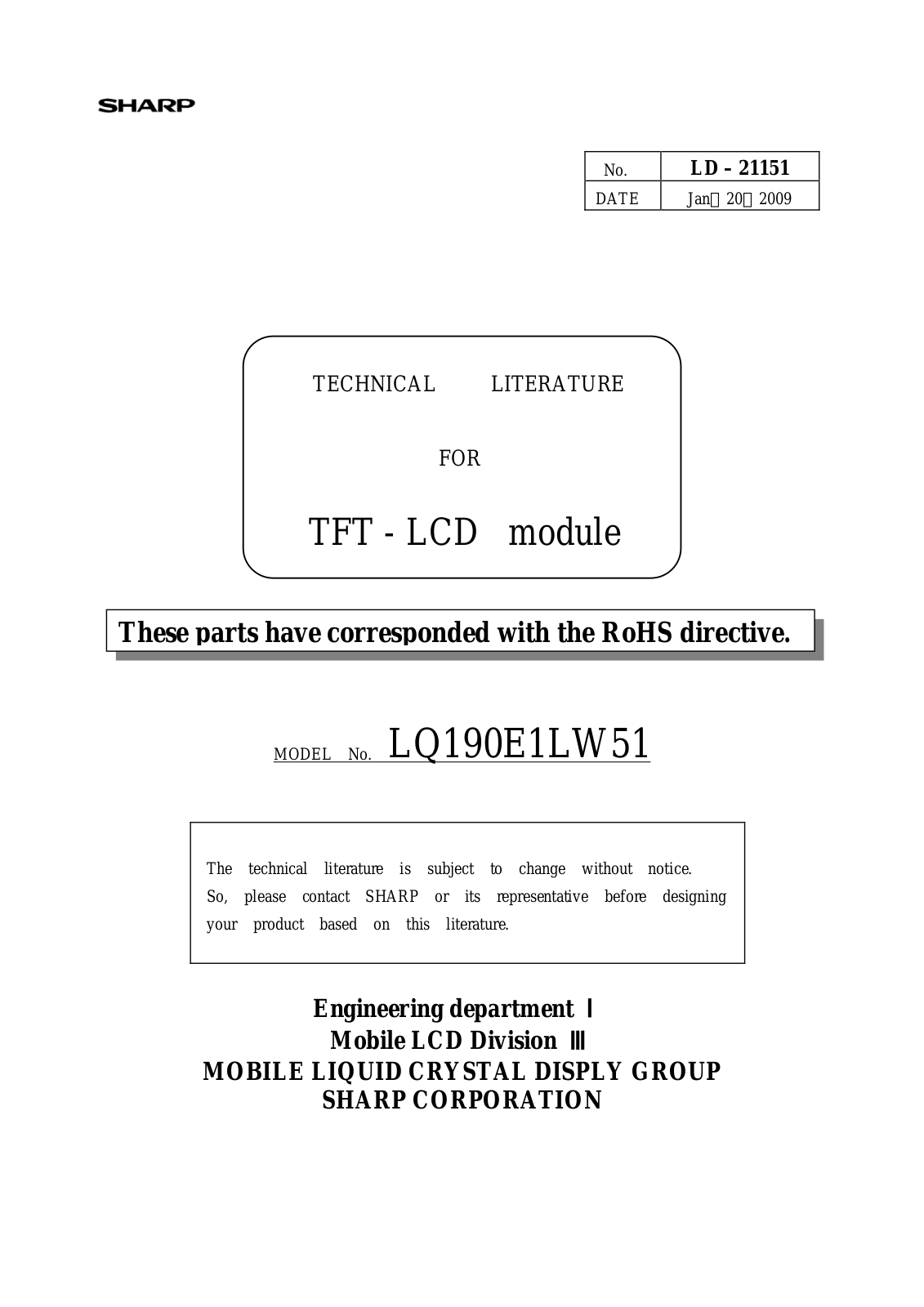 SHARP LQ190E1LW51 Specification