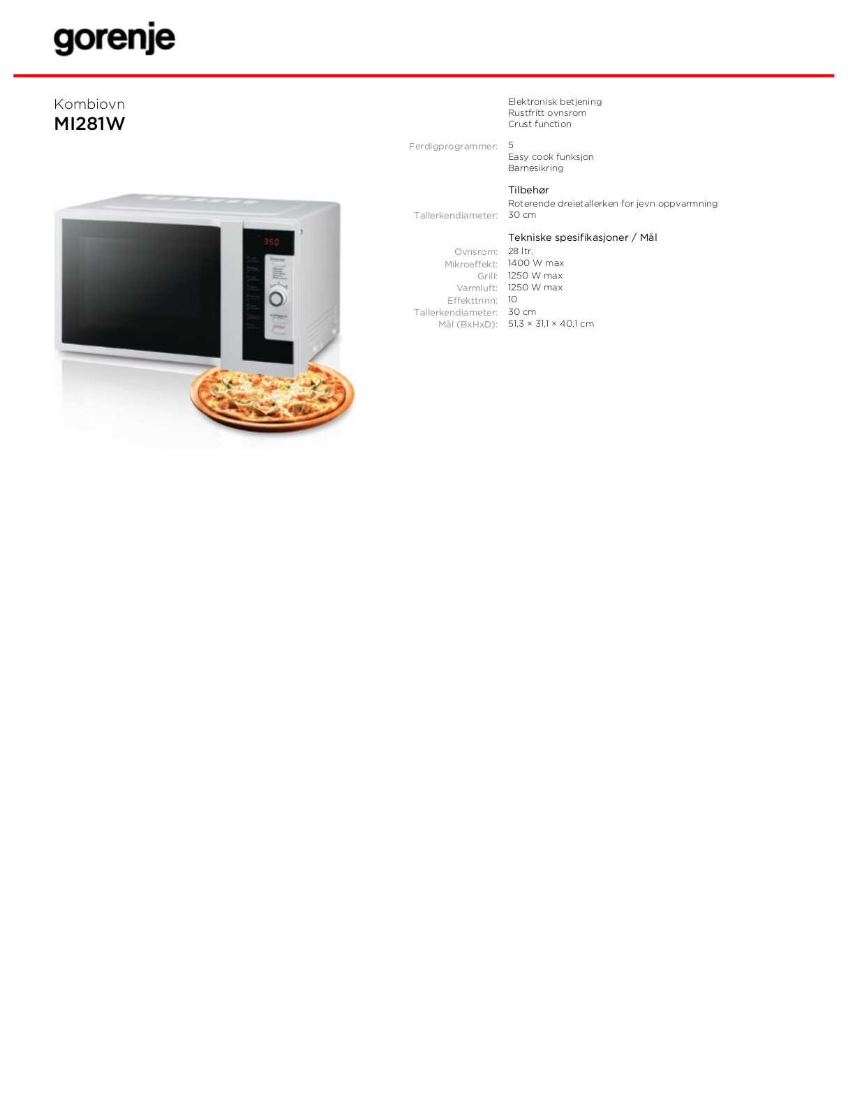 Gorenje MI281W DATASHEET