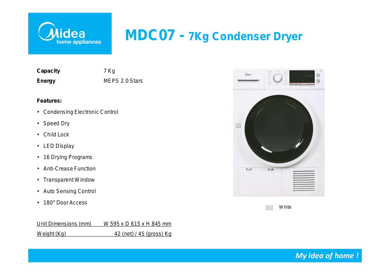 Midea MDC07 Specifications Sheet