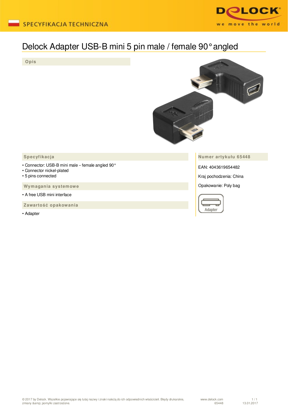 DeLOCK USB-B mini 5 Pin plug on socket 90 angled  right User Manual