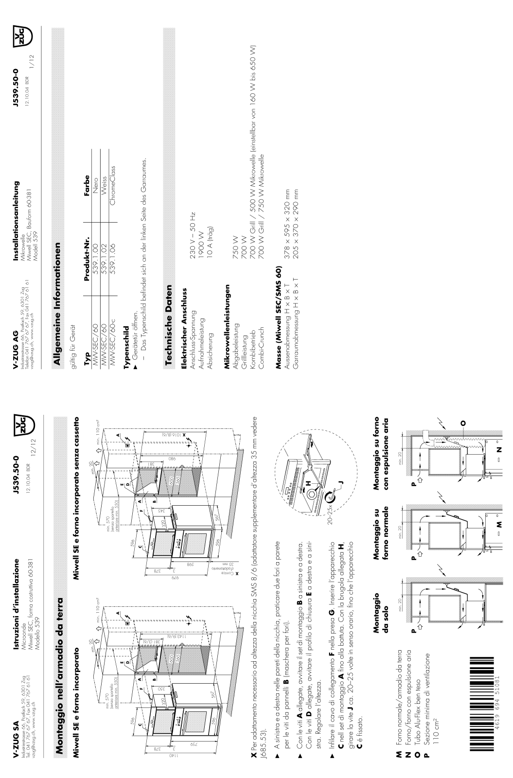 Whirlpool mw-sec/60, mw-sec/60c Installation Manual