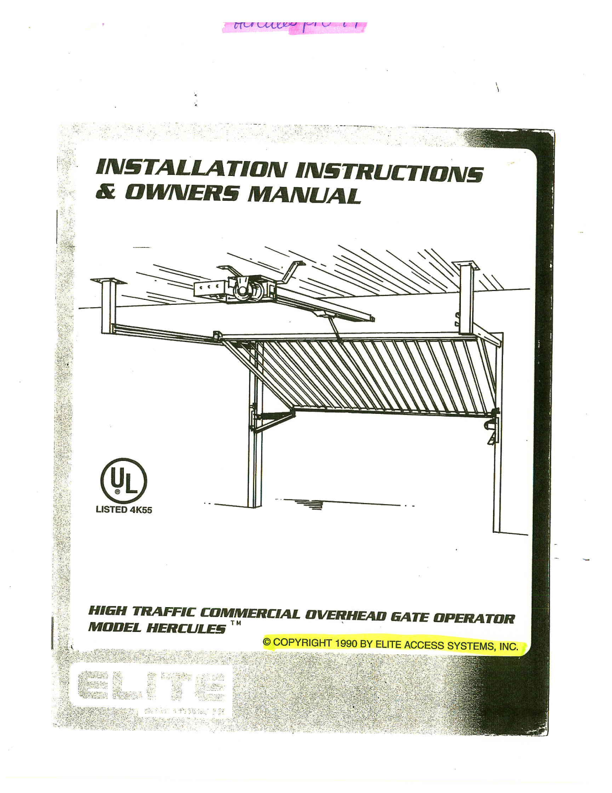 Elite access systems Hercules Installation Instructions & Owner's Manual