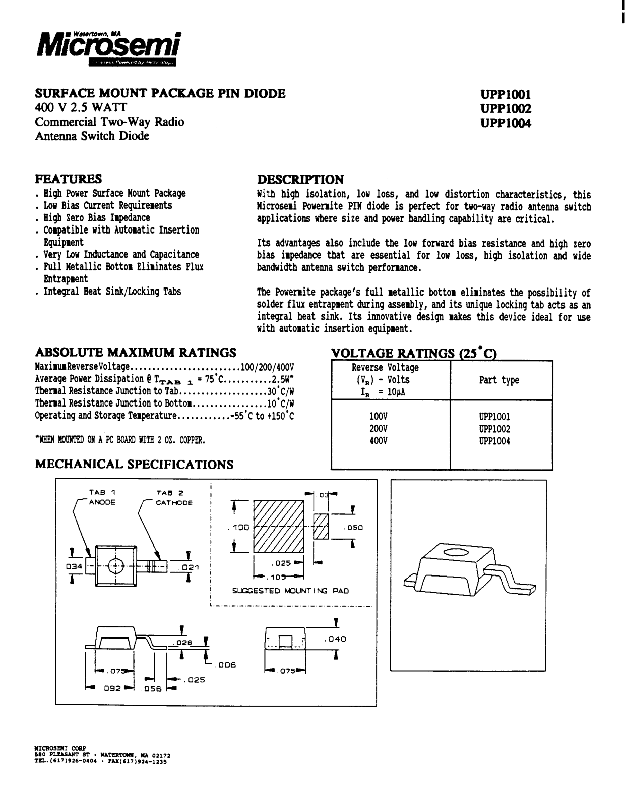 Microsemi UPP1004, UPP1002, UPP1001 Datasheet