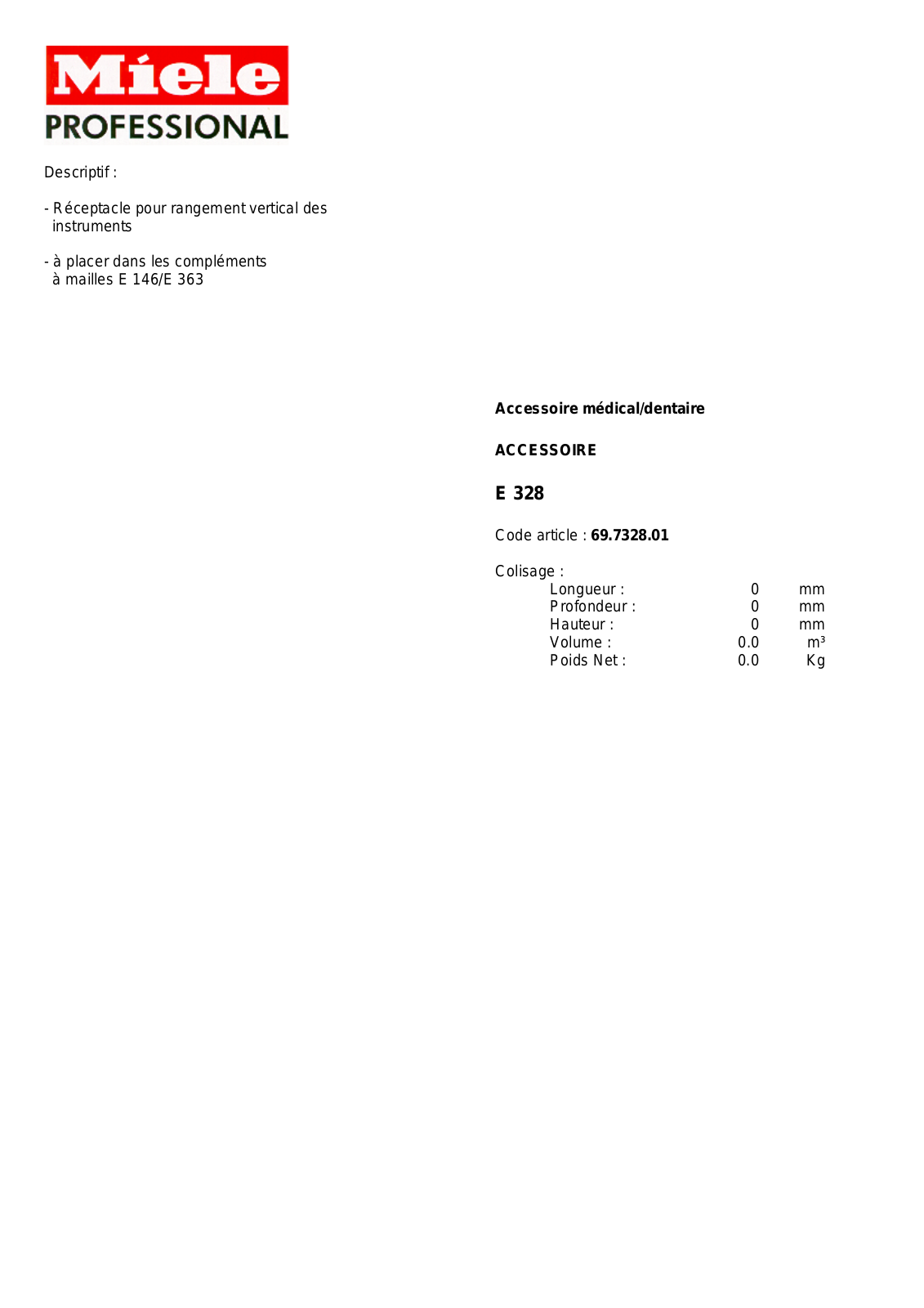 MIELE E 328 DESCRIPTIF User Manual