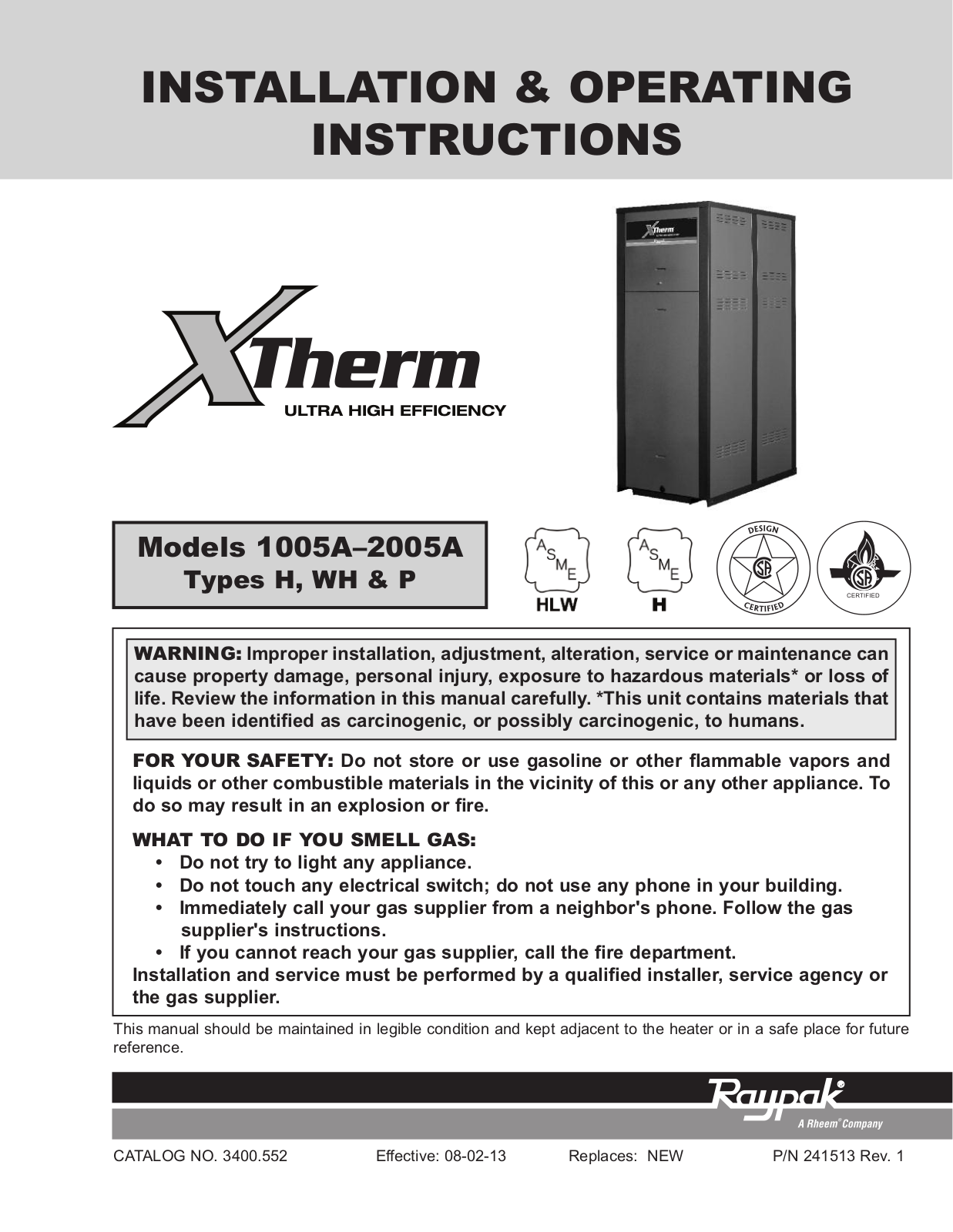Raypak H7-1005A Installation  Manual
