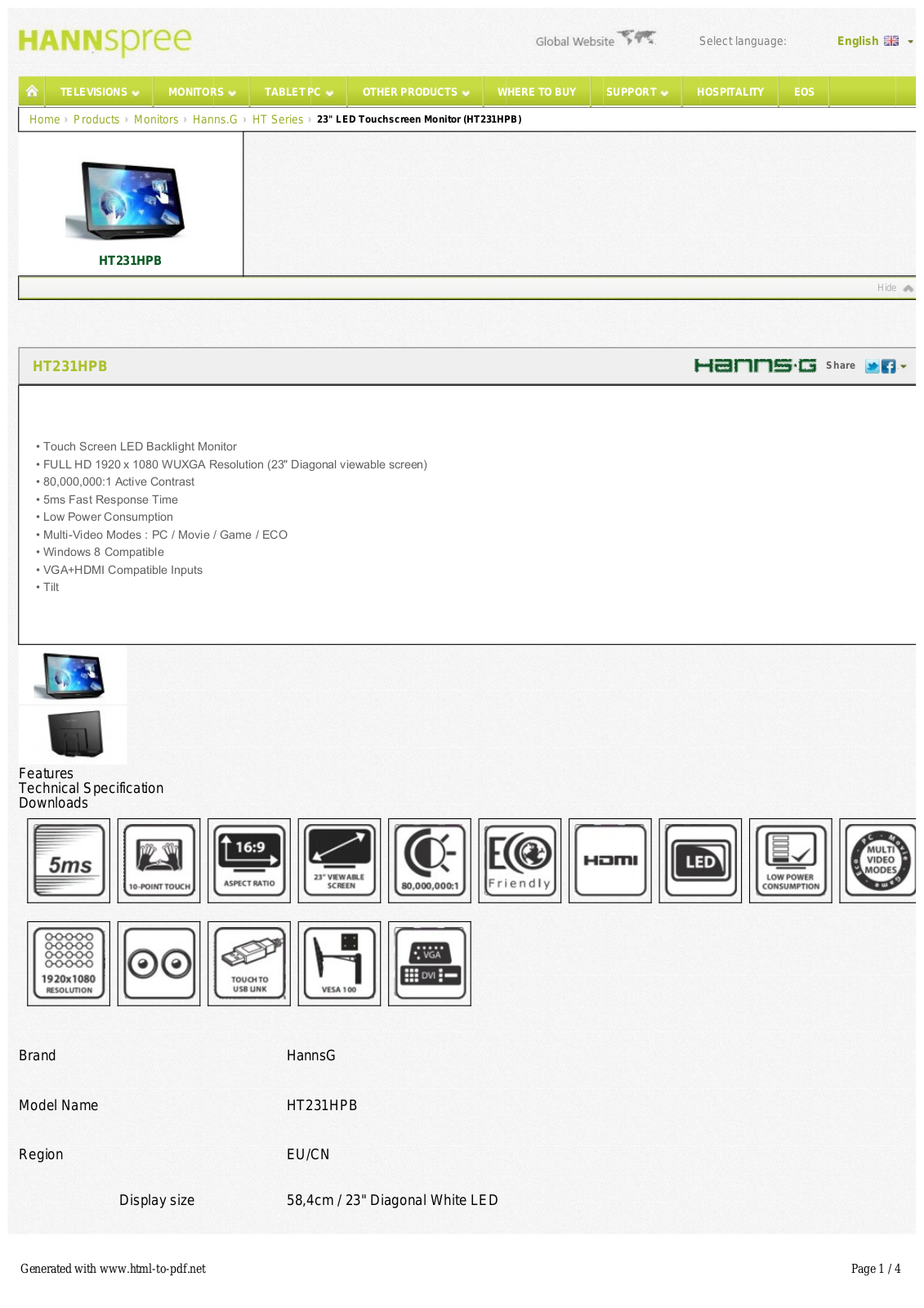 HANNS.G HT231HPB Product Data Sheet