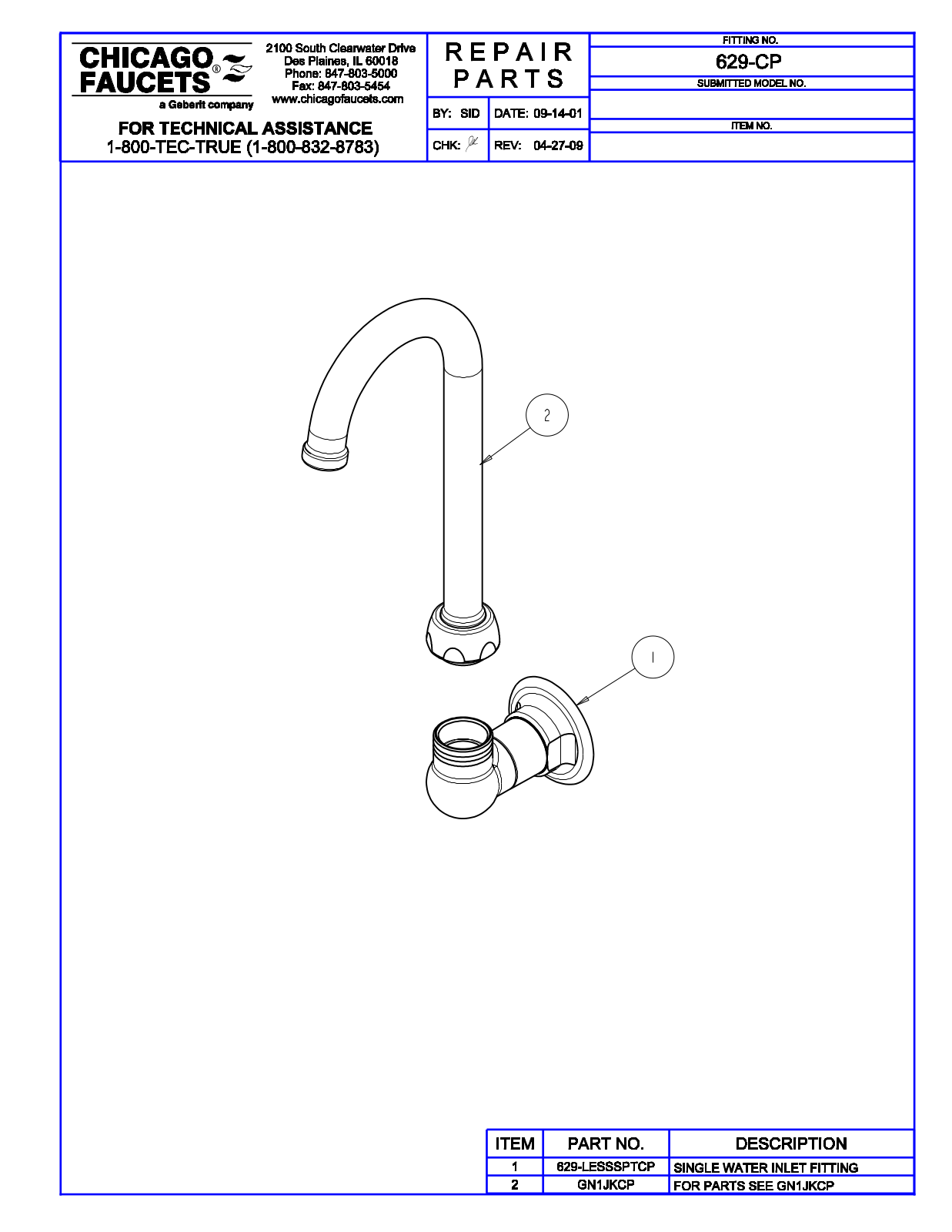 Chicago Faucet 629 Parts List