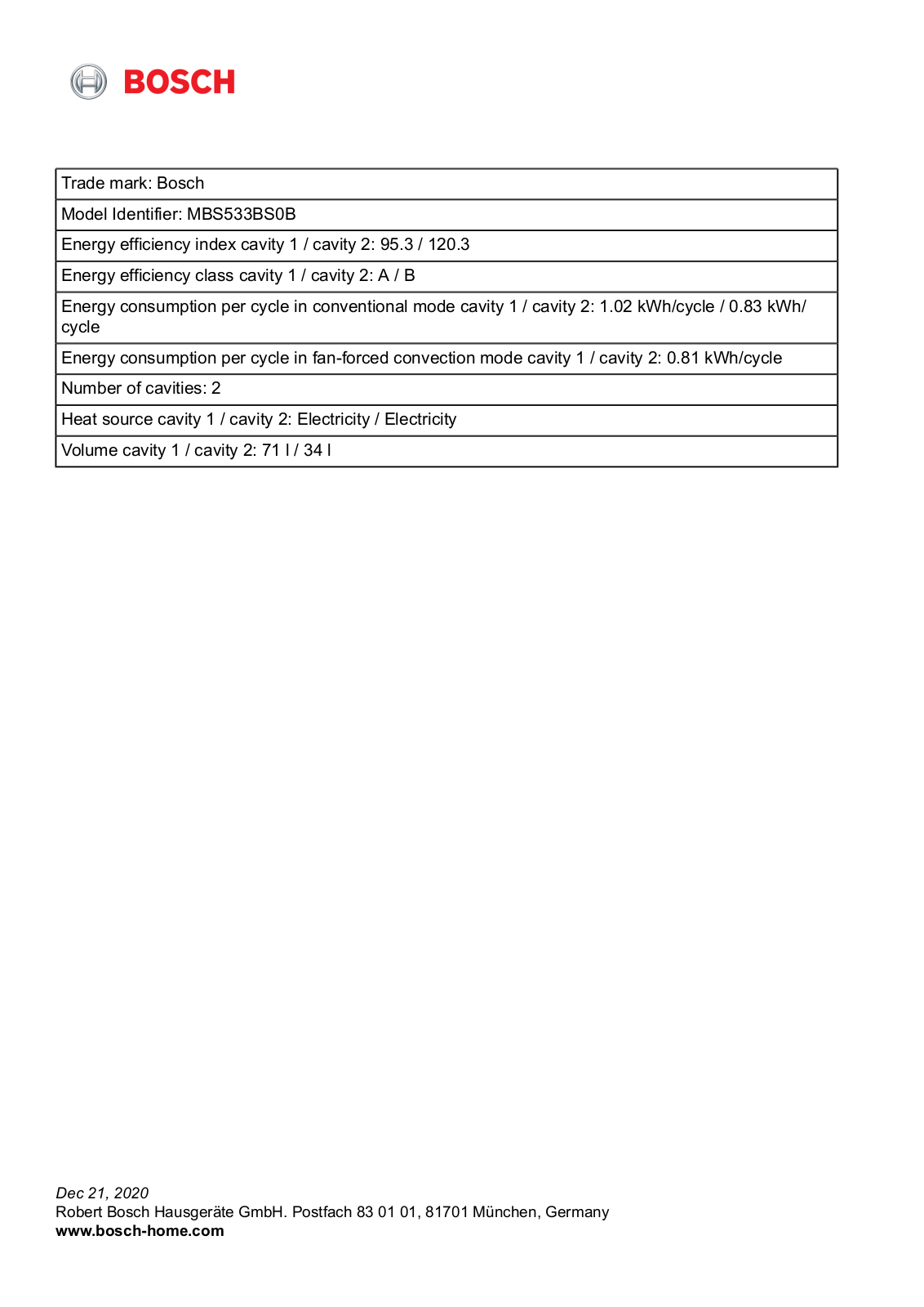 Bosch MBS533BS0B EU Datasheet