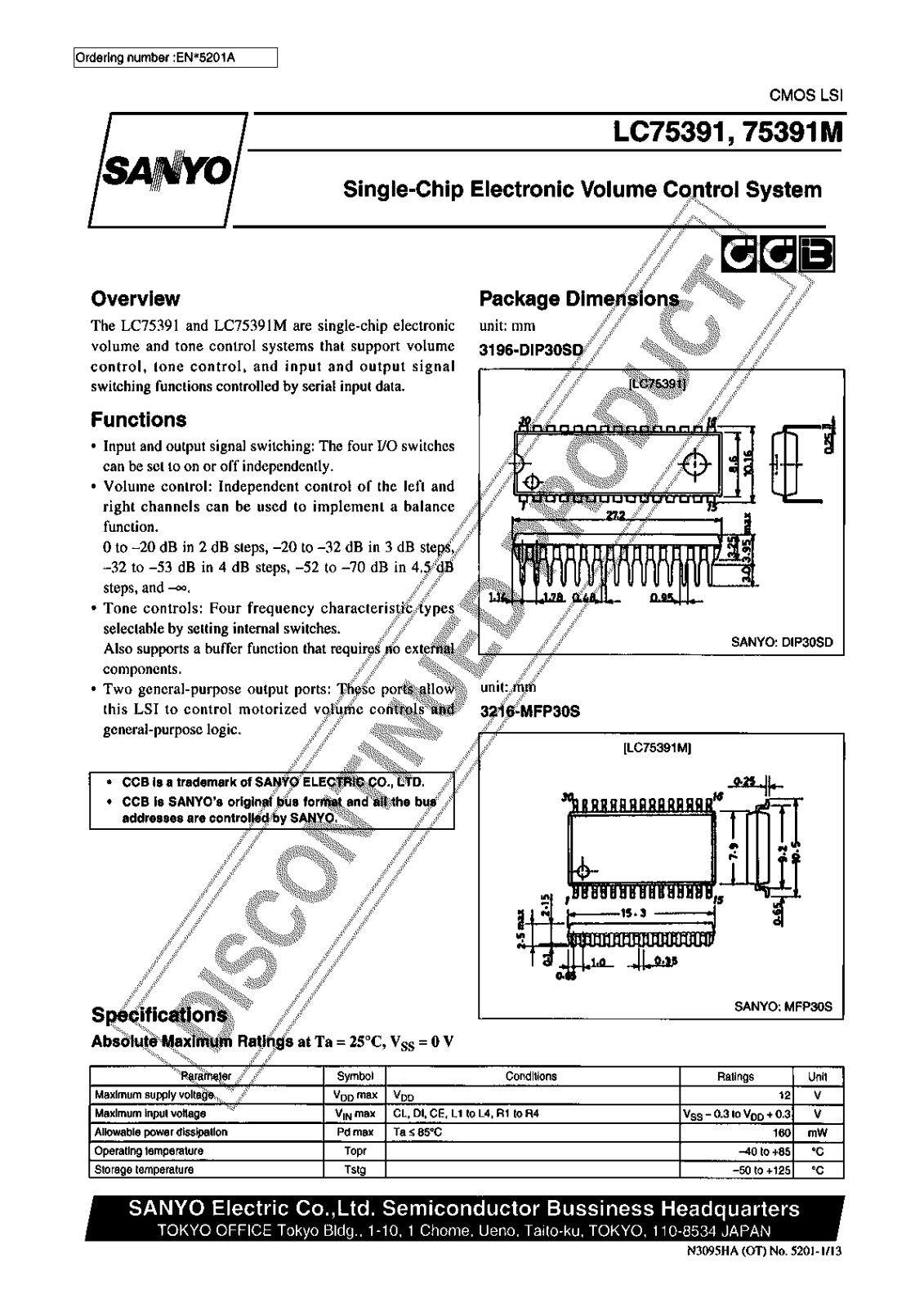 Sanyo LC75391M Specifications