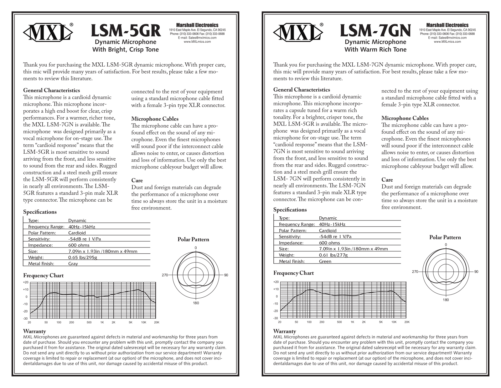 MXL LSM7 GN, LSM 5GR Specification