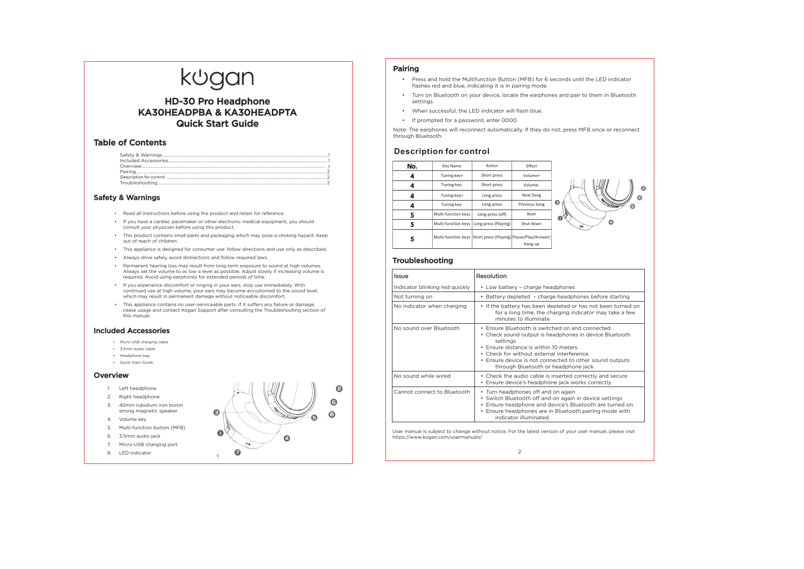 Kogan KA30HEADPTA, KA30HEADPBA User Manual