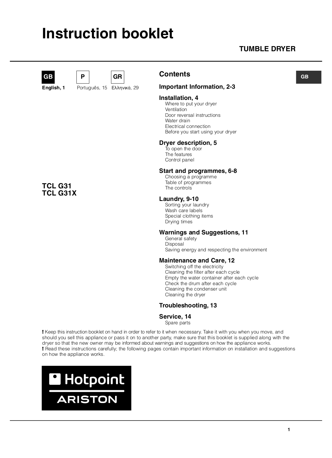 Hotpoint TCL G31 Manual