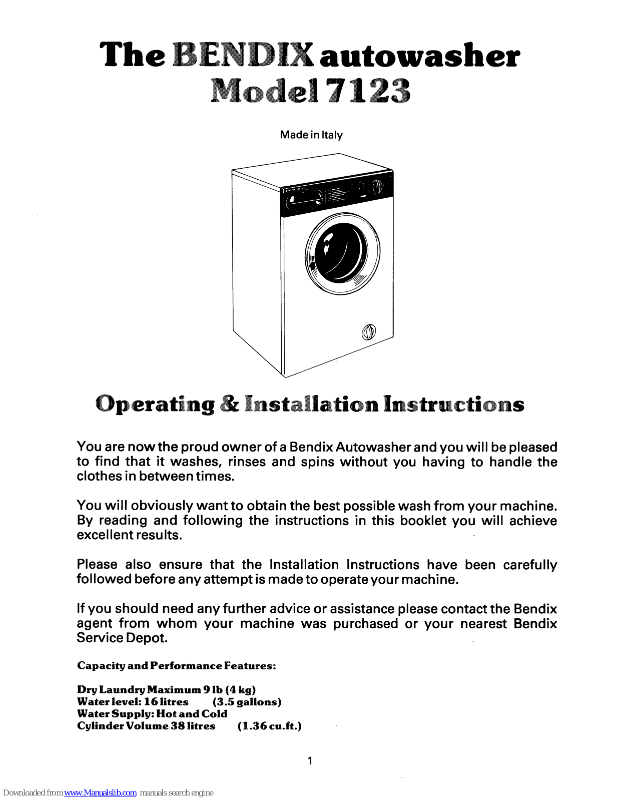 BENDIX 7123 Operating & Installation Instruction