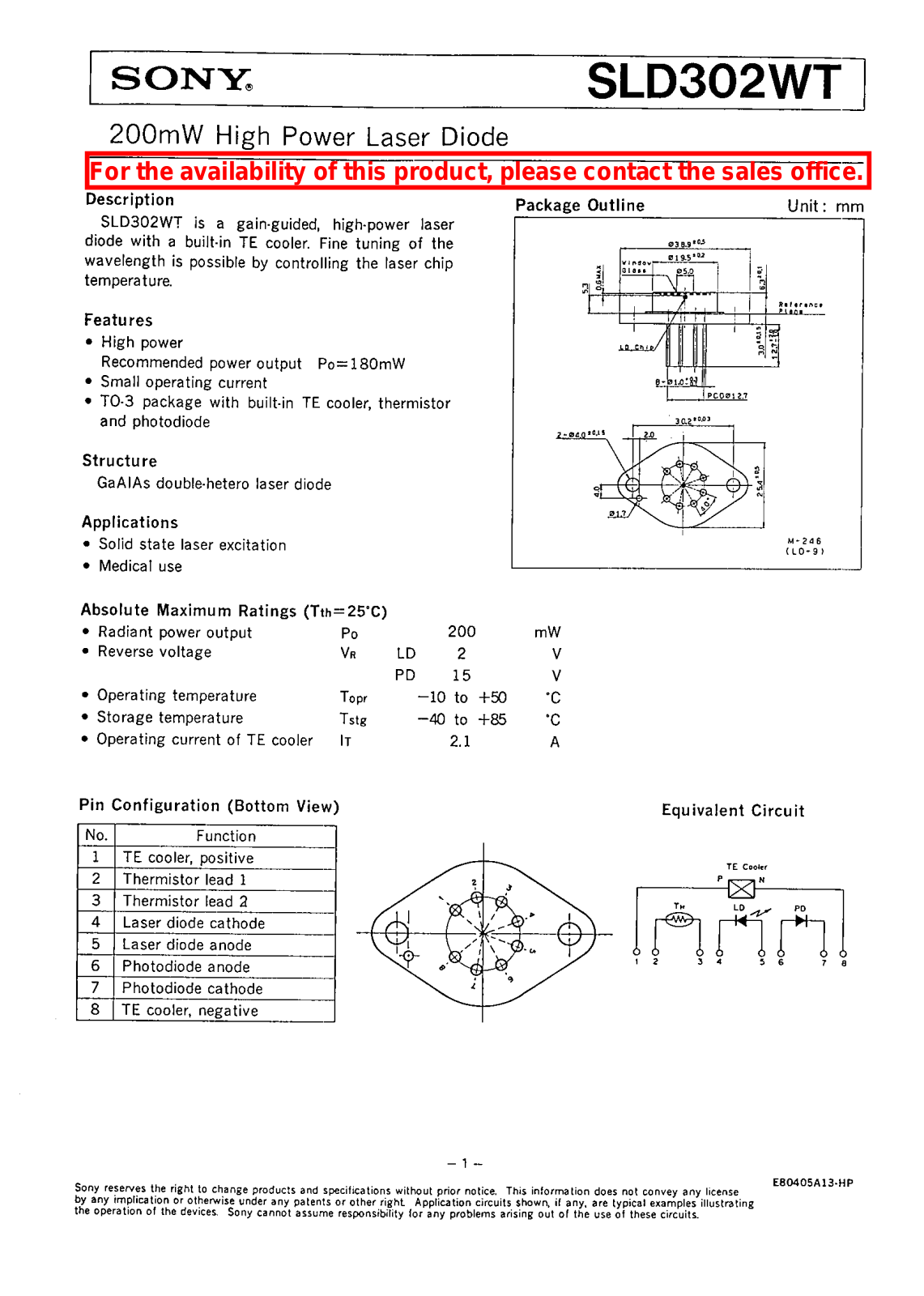 Sony SLD302WT Datasheet