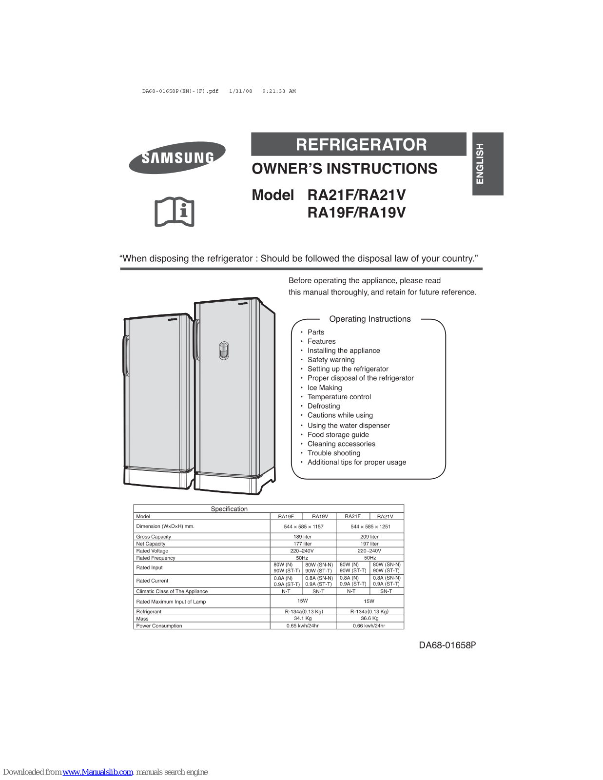 Samsung RA21VASS, RA21VASW, RA21F, RA21V, RA19F Owner's Instructions Manual