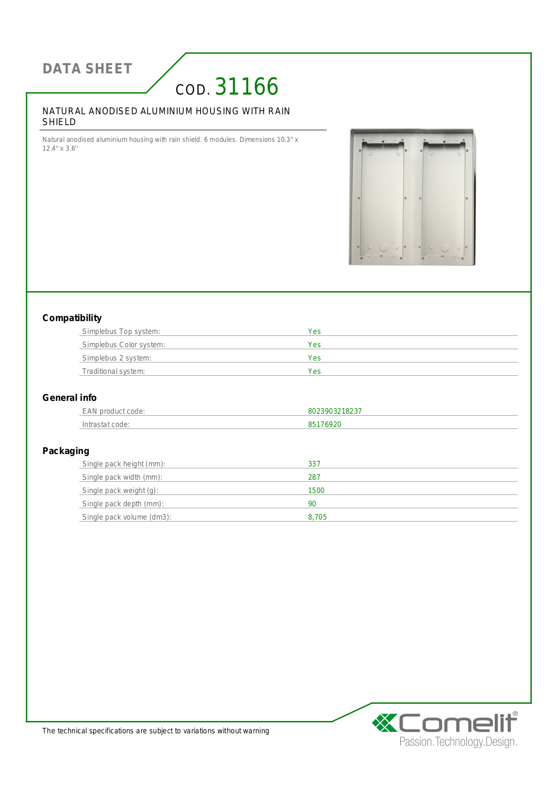 Comelit 31166 Specsheet