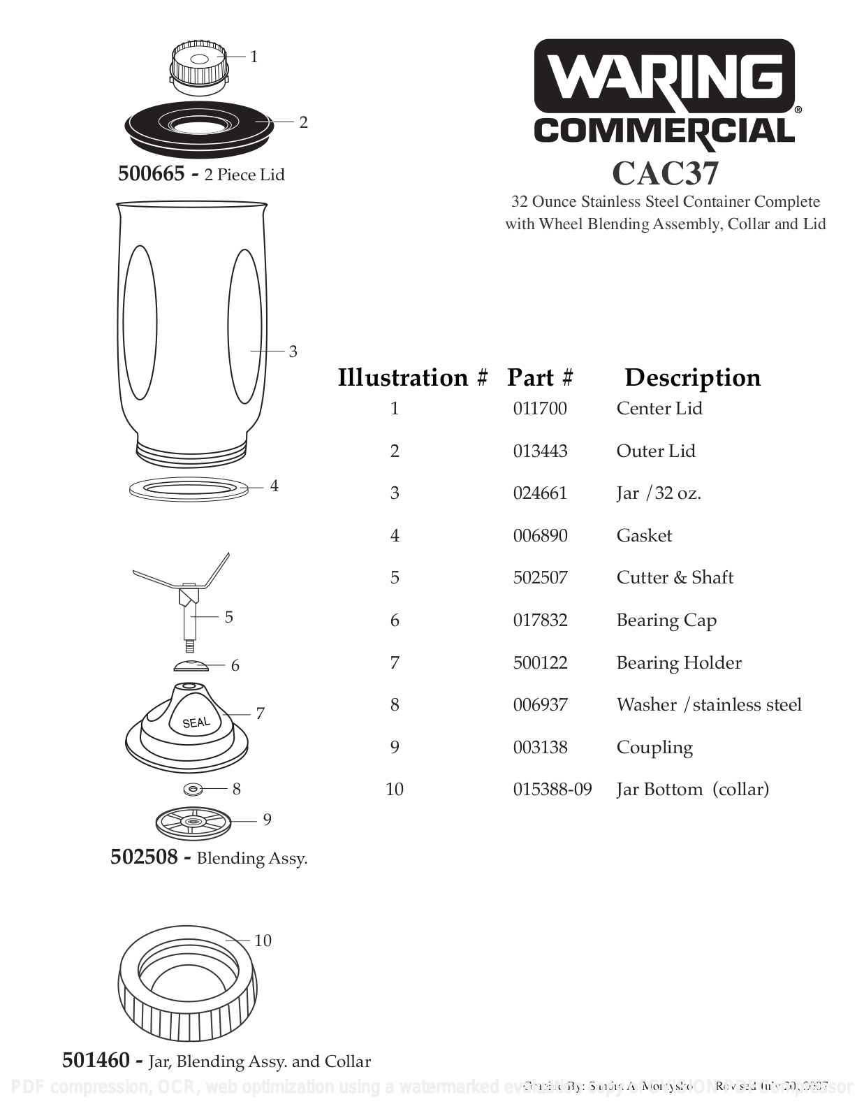 Waring CAC37 Parts List