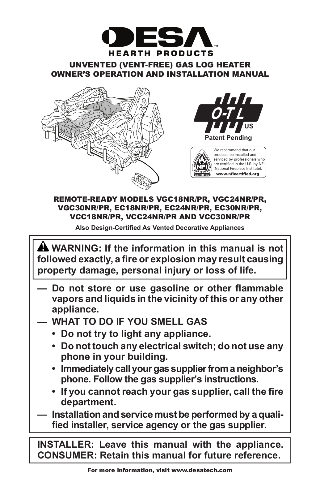 Desa VGC18PR, VGC30NR, VGC24PR, VGC24NR, VGC30PR Owner's Manual