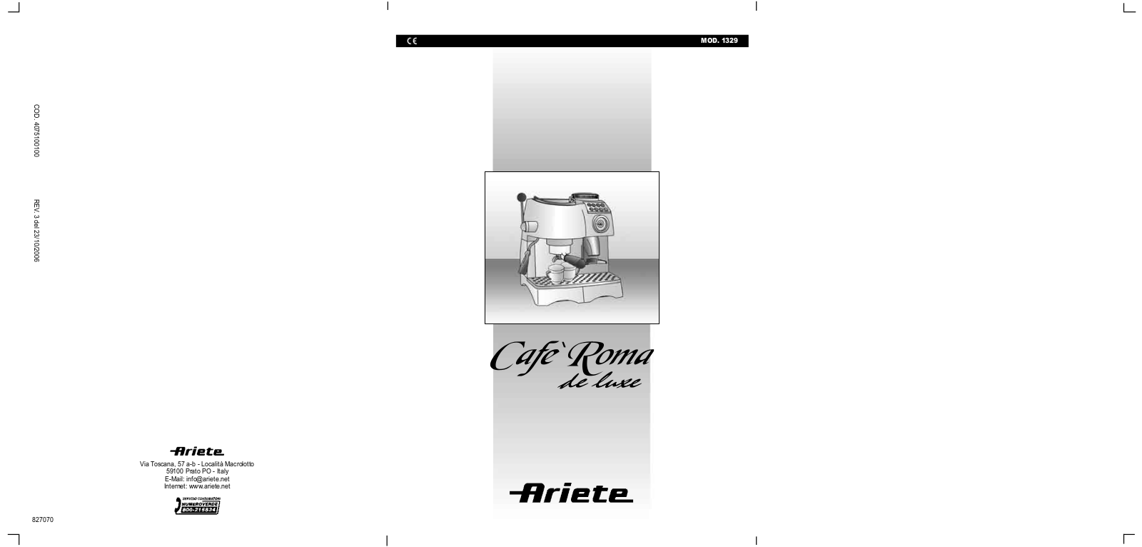 ARIETE Cafe Roma Digital 1329/2 User Manual