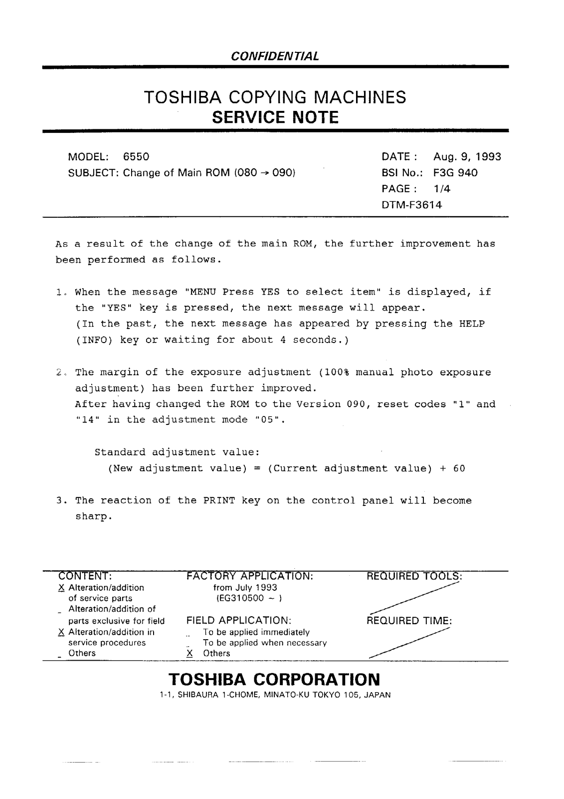 Toshiba f3g940 Service Note