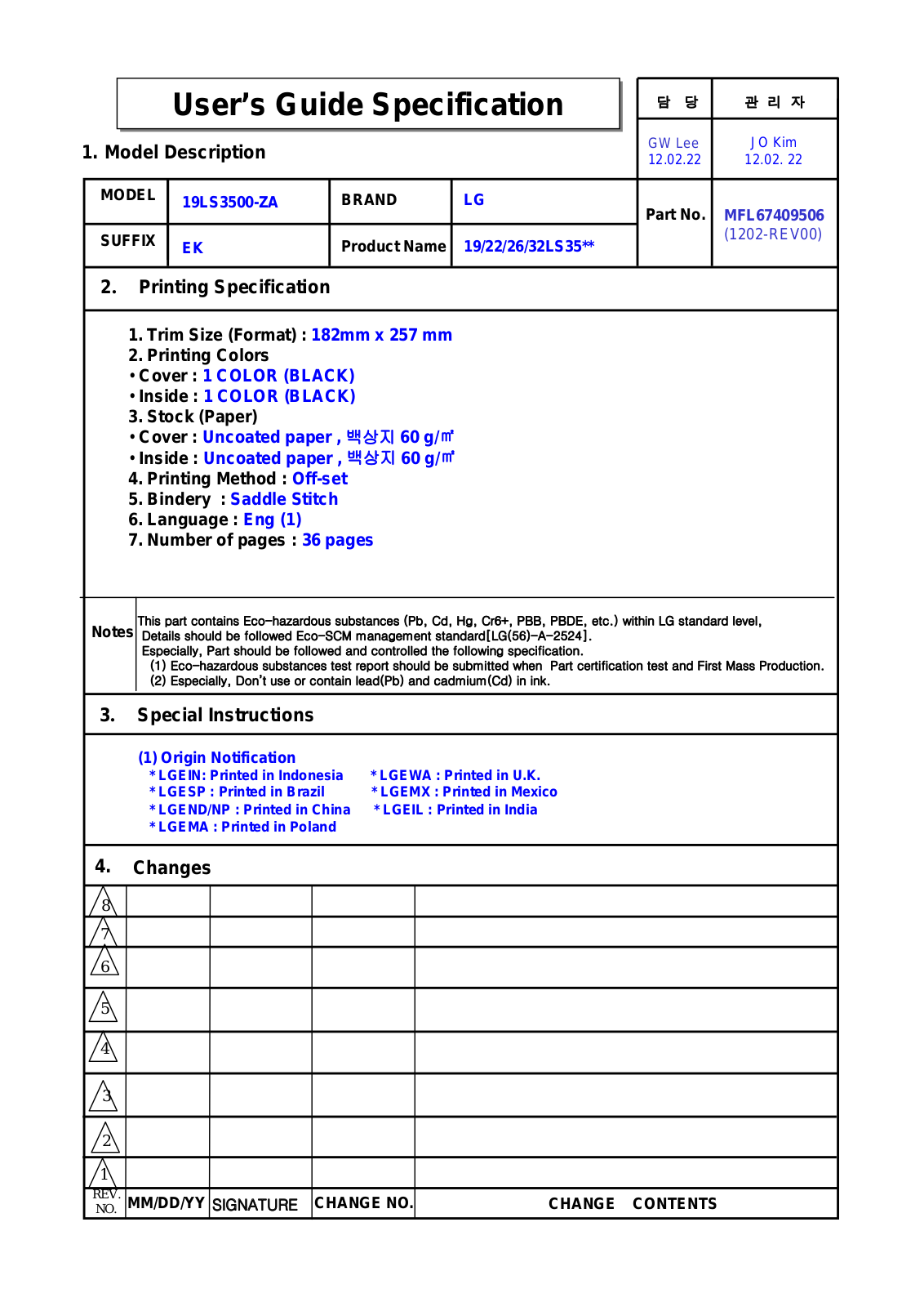 LG 42LS345T, 32LS345T, 32CS460, 26CS460, 26LS3500 Owner's Manual