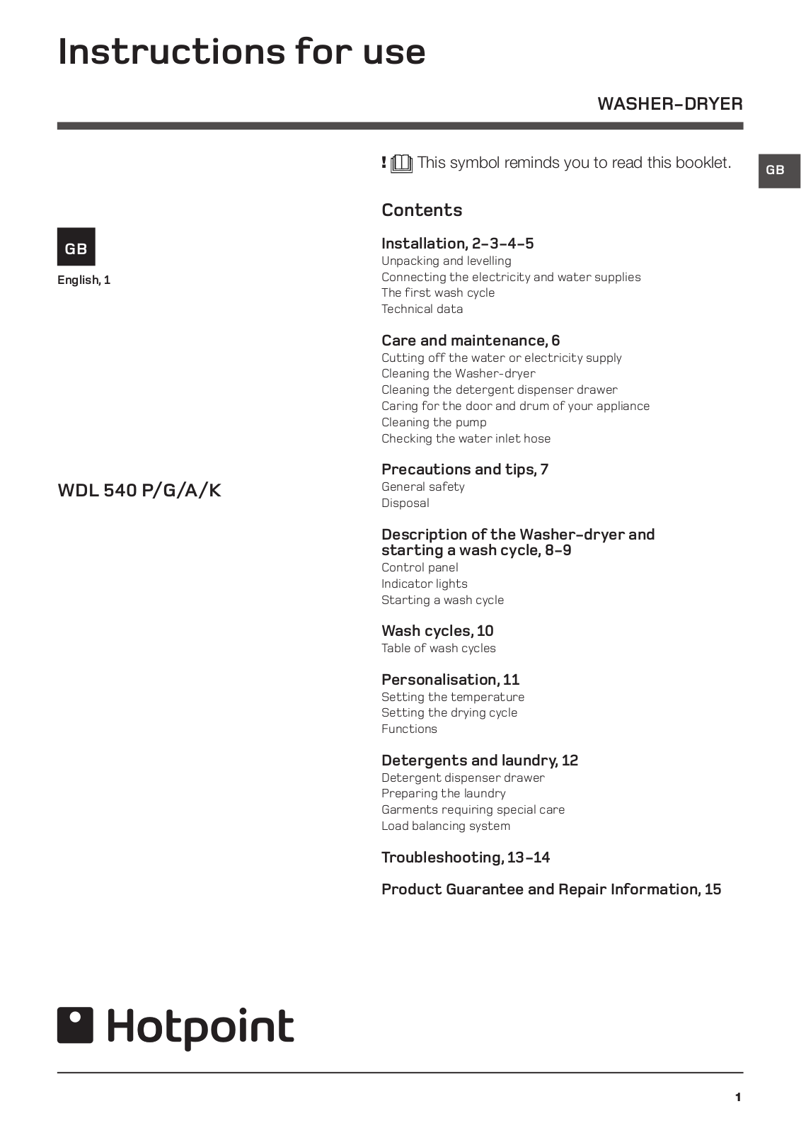 HOTPOINT WDL 540 P (UK).C User Manual