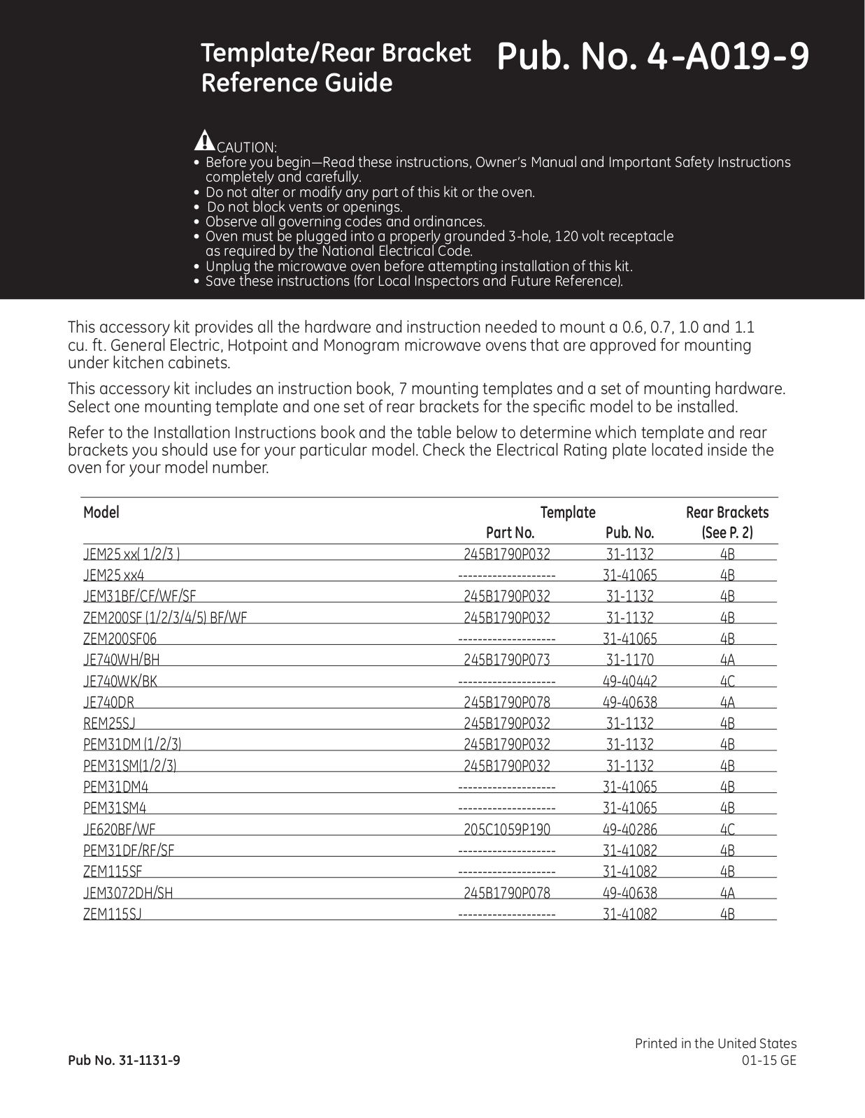 GE Template/Rear Bracket Reference Guide