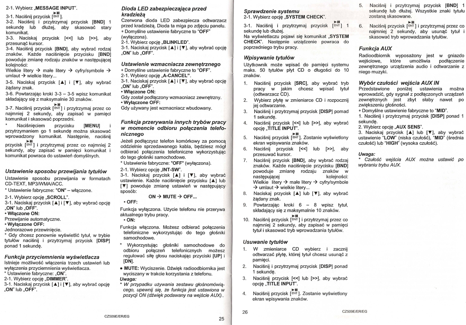 Clarion CZ509ER, CZ509E, CZ509EG Instructions Manual