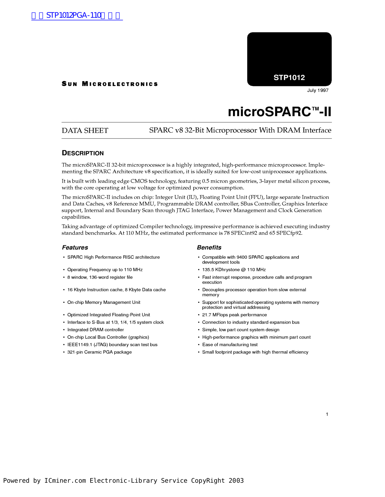 Sun MICROELECTRONICS STP1012 Technical data