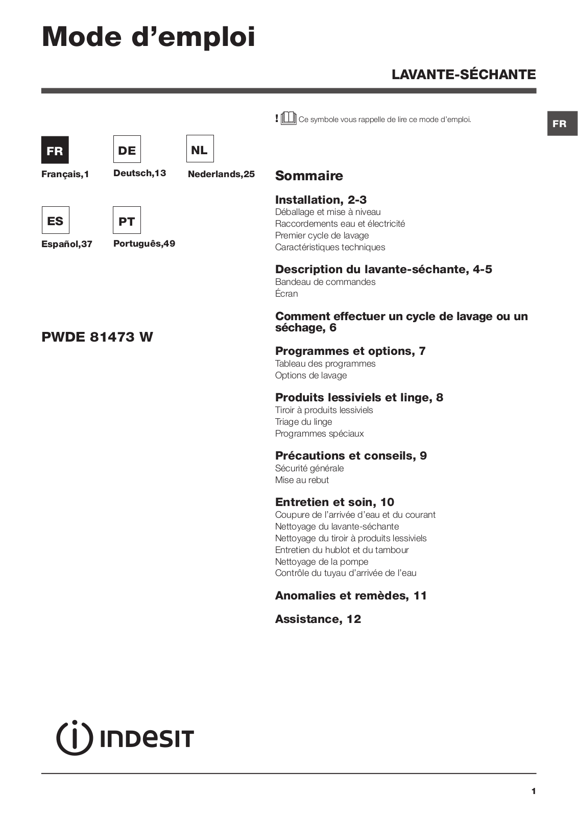 Indesit PWDE 81473 W User Manual