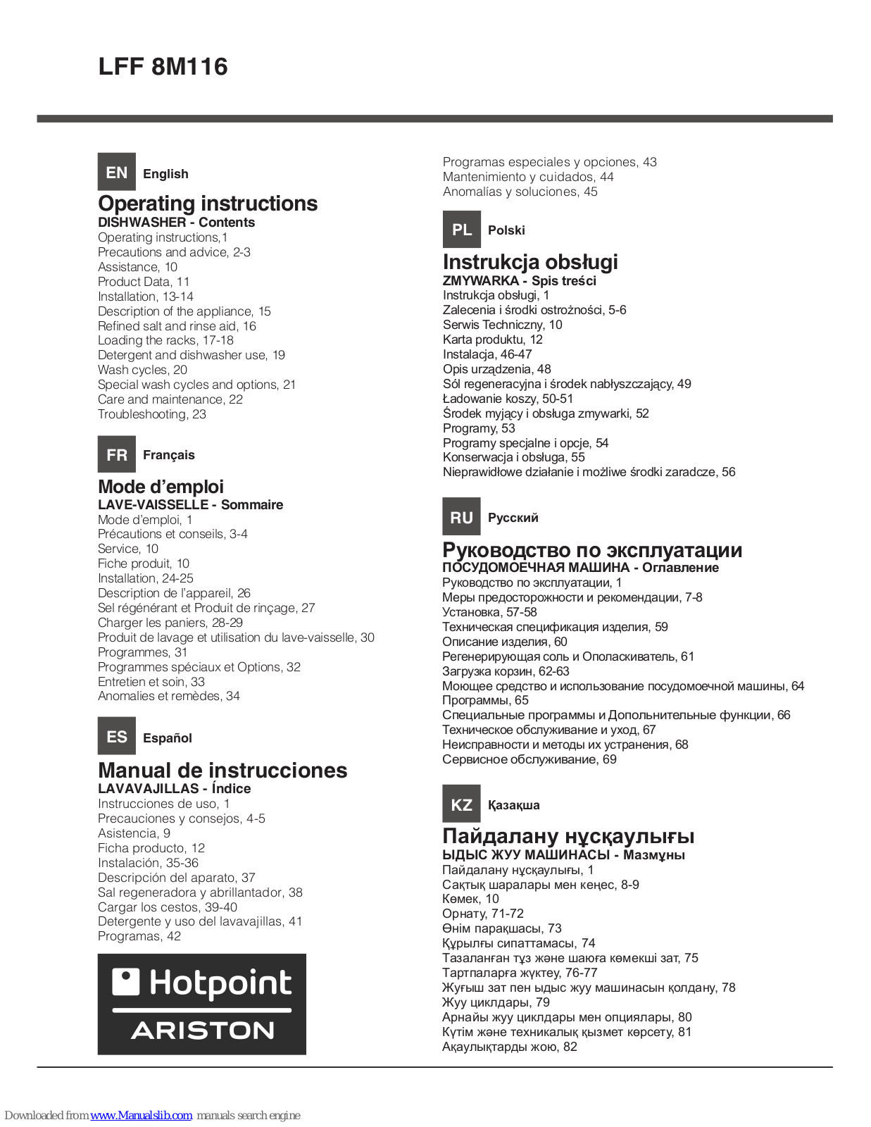 Hotpoint Ariston LFF 8M116 Operating Instructions Manual