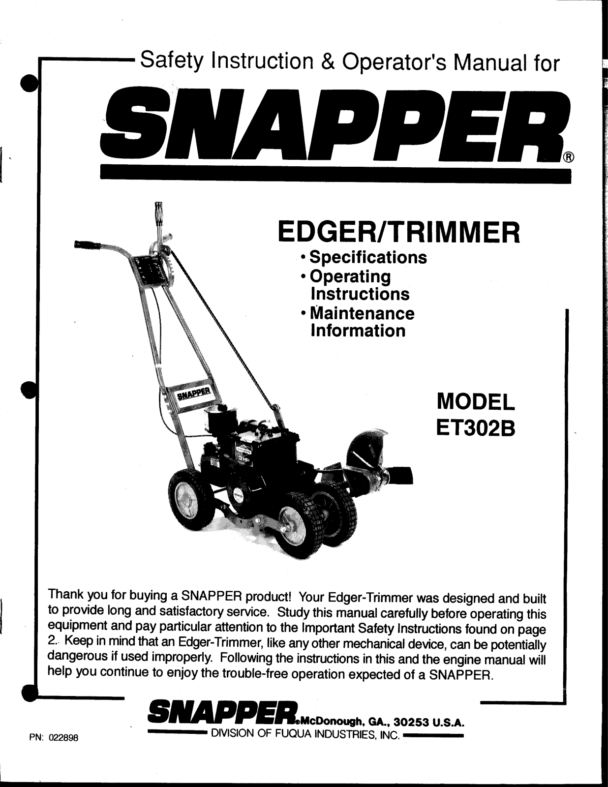 Snapper ET302B User Manual