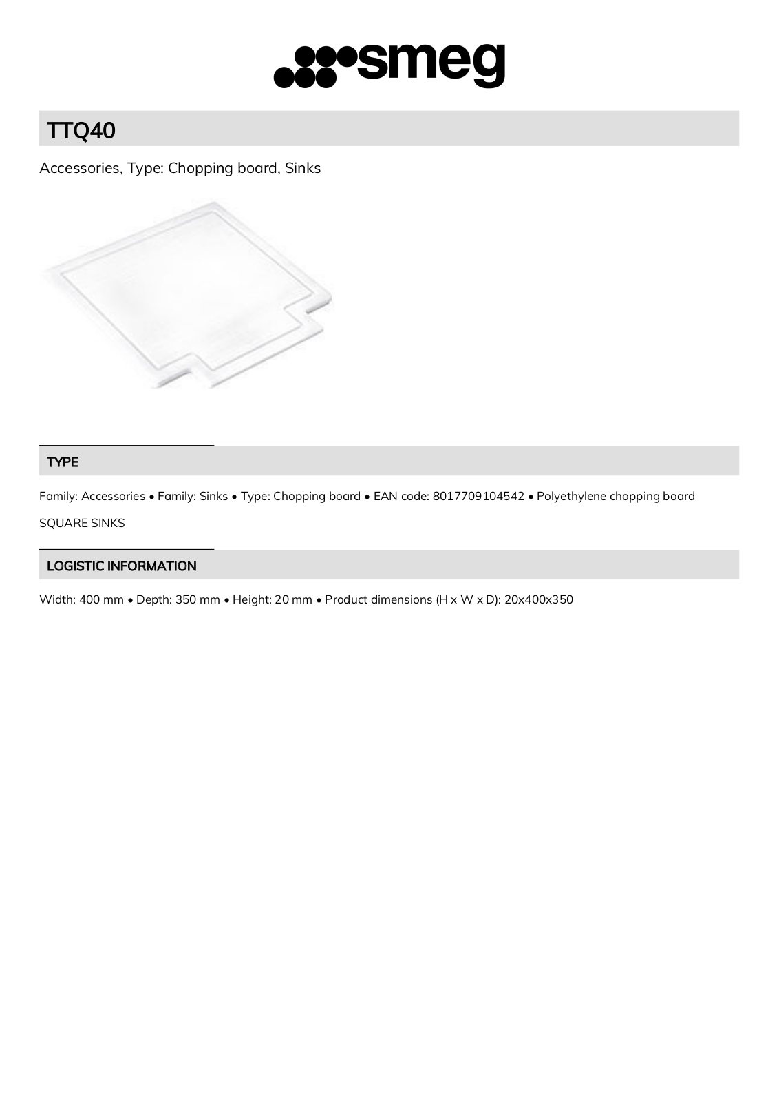 Smeg TTQ40 Technical sheet