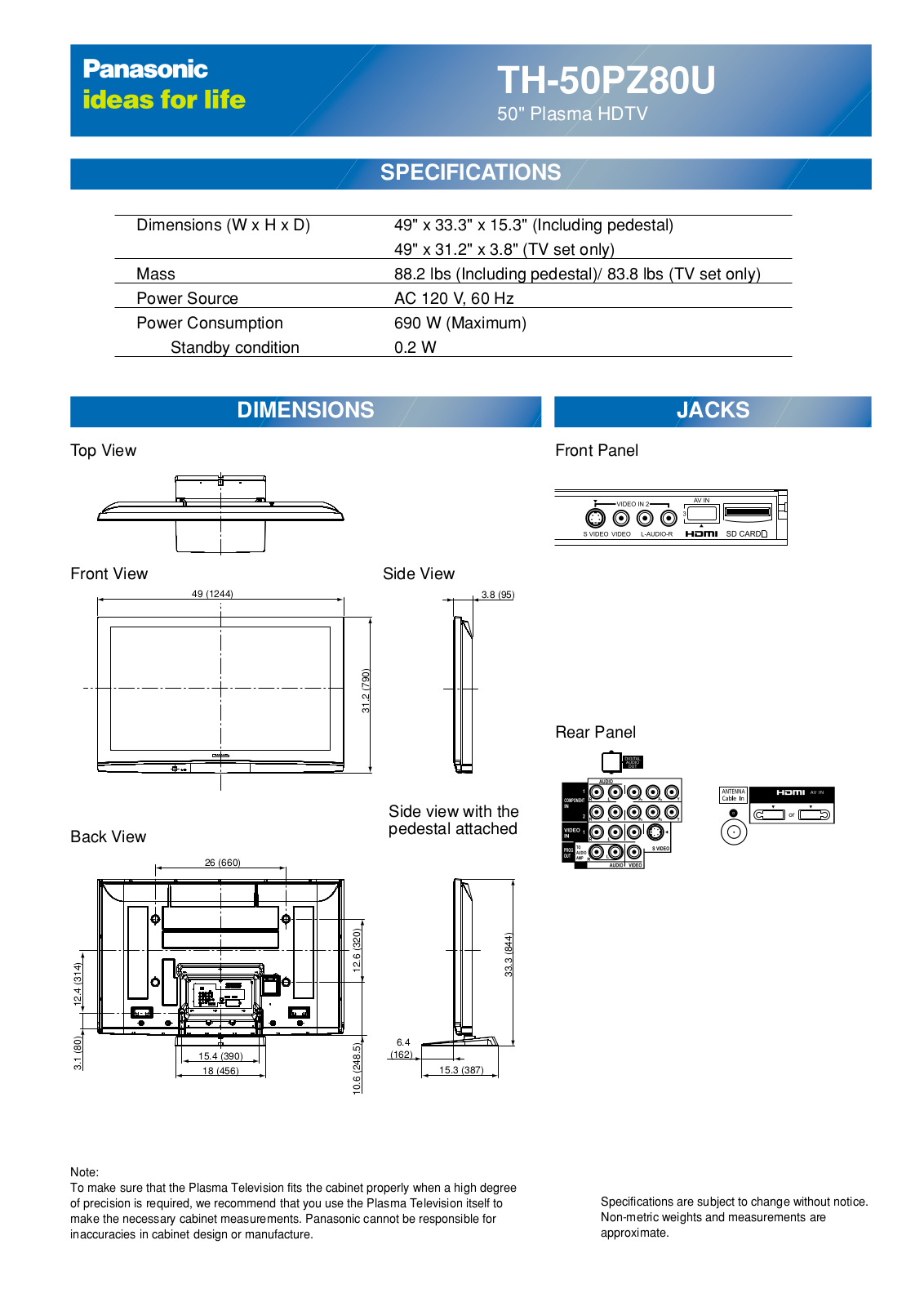 Panasonic th-50pz80 cut sheet - ManualMachine.com