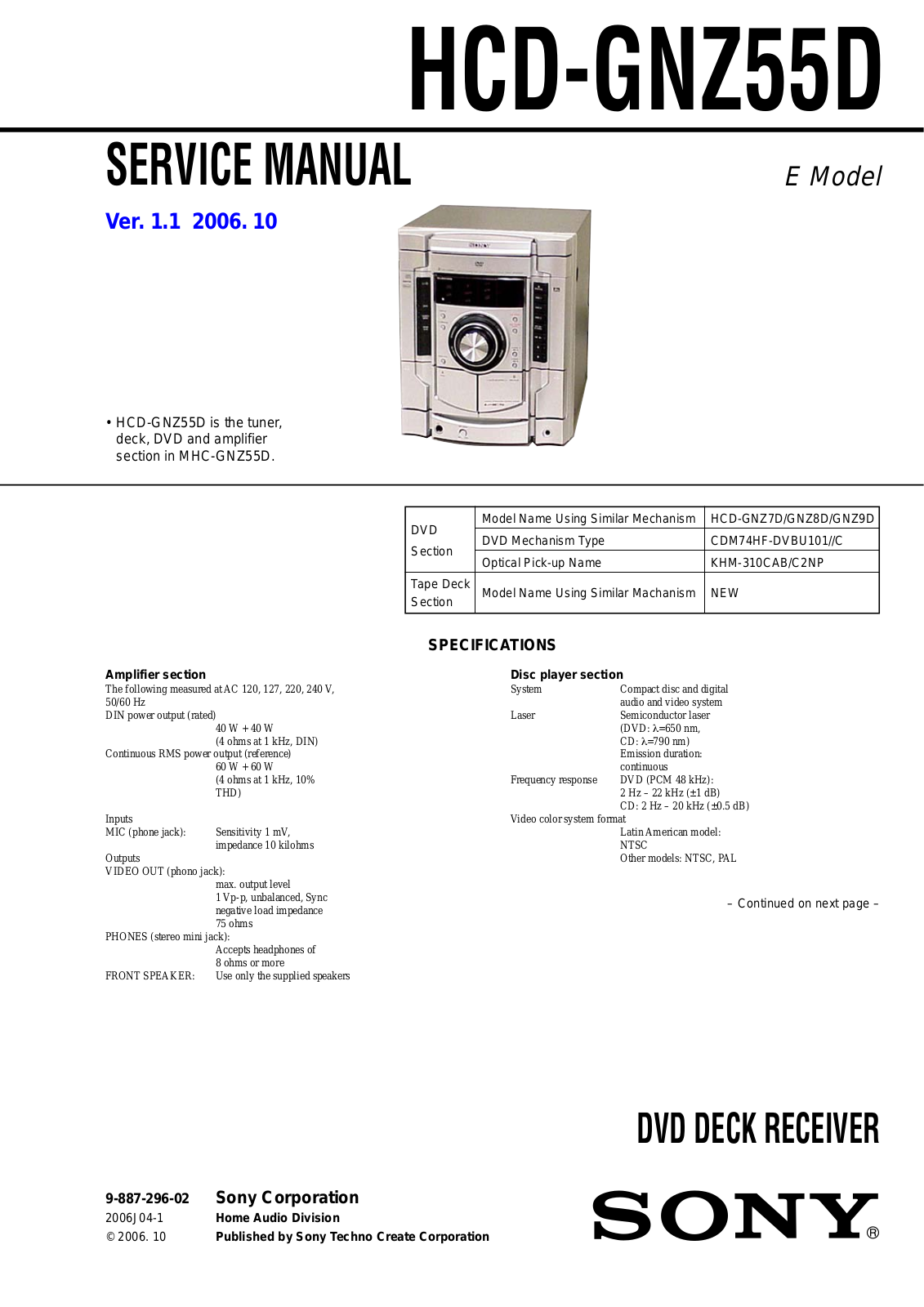 Sony HCD-GNZ55D Service Manual