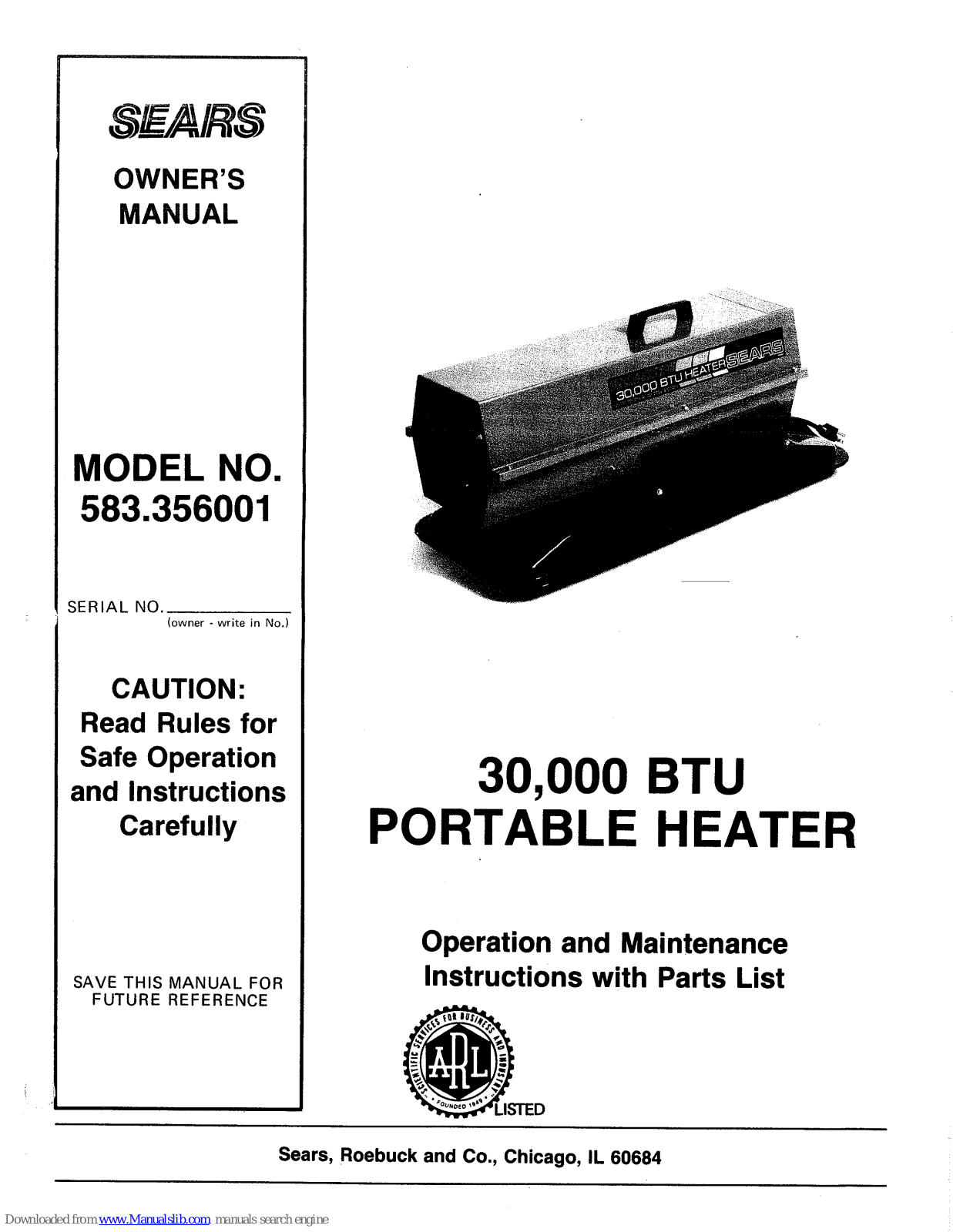 Sears 583.356001 Operation And Maintenance Instructions