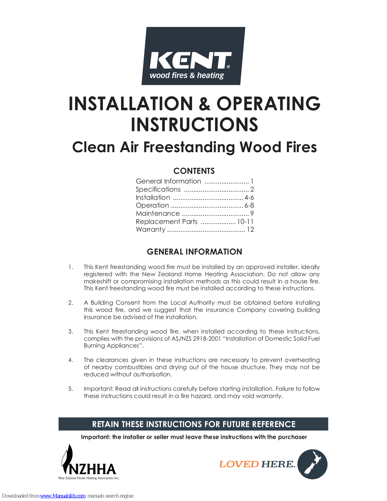 KENT Cardrona, Oxford, Benmore, Haast, Murchison Installation & Operating Instructions Manual