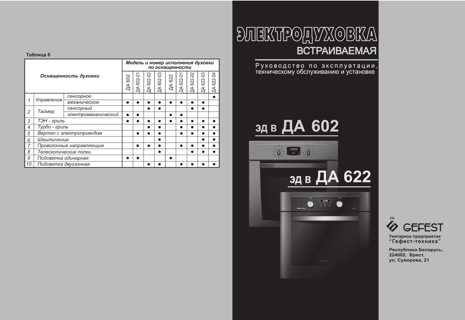 Gefest DA 602-01 N1M, DA 622-01 N3M, DA 622-02, DA 622-02 D5B, DA 622-02 M User manual