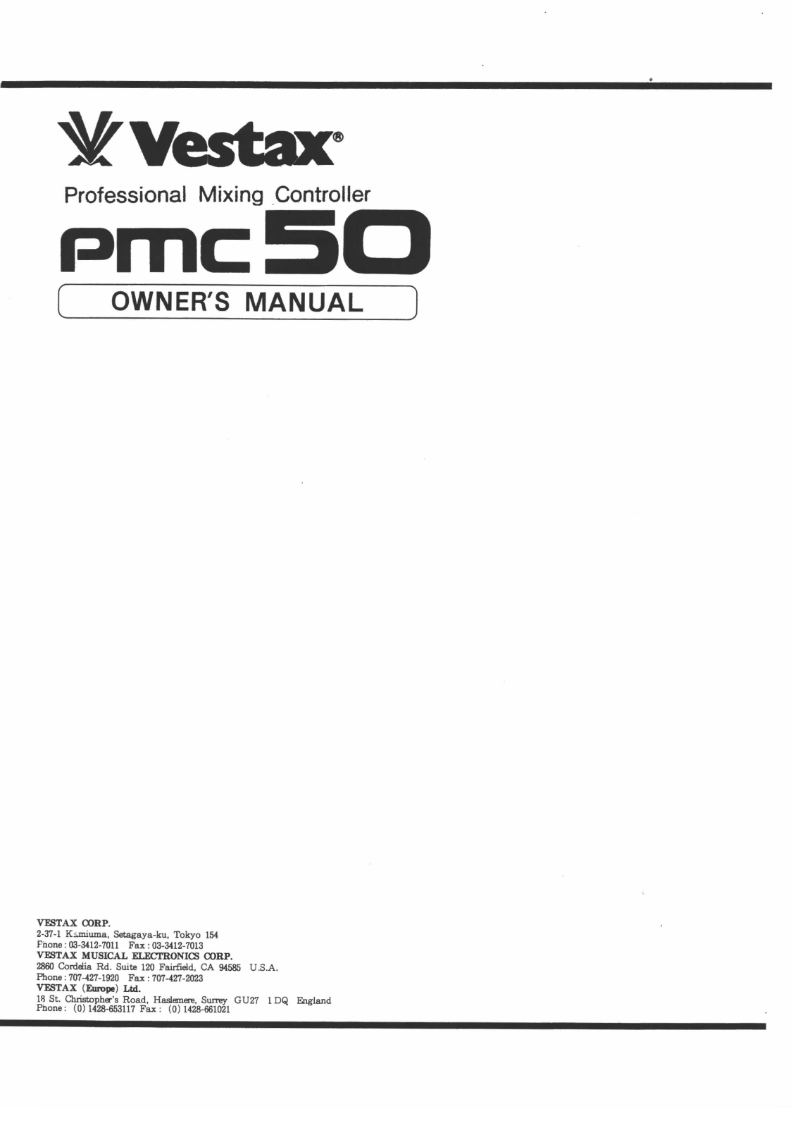 Vestax PMC-50 Owner's Manual