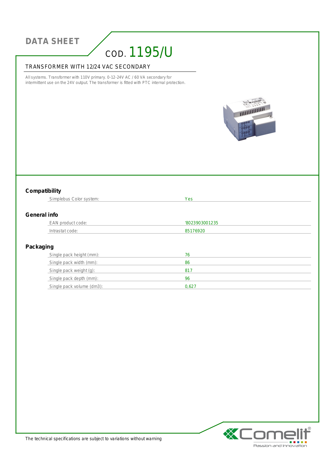 Comelit 1195-U Specsheet